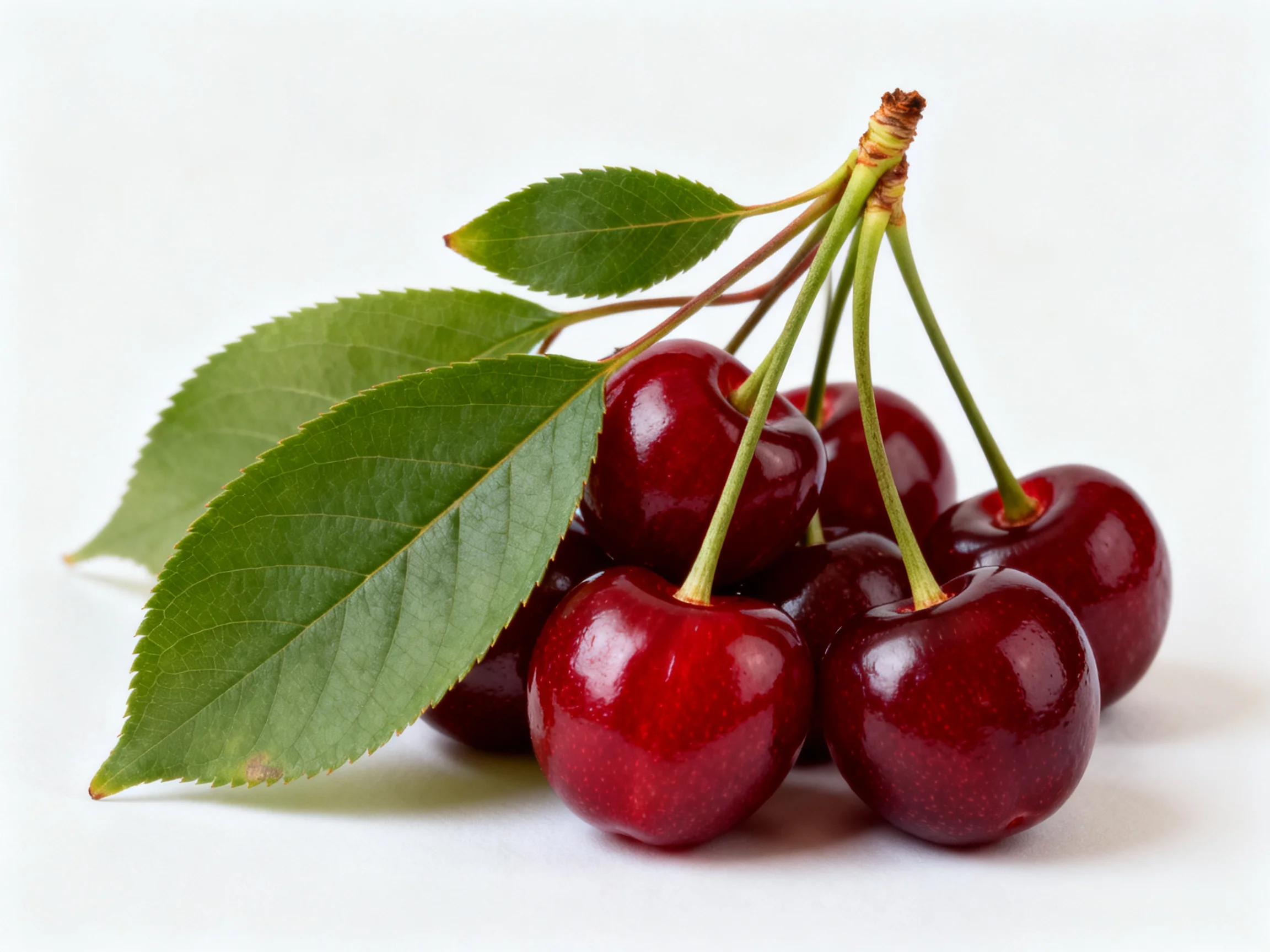 A cluster of glossy red cherries with vibrant green leaves