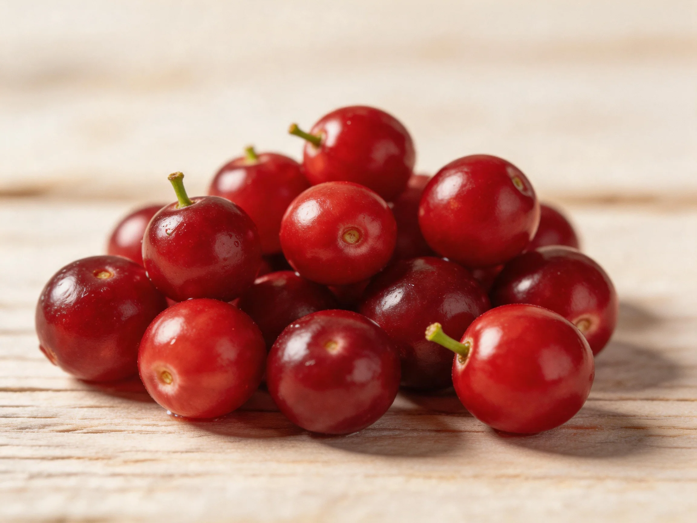A cluster of glossy red cranberries on a wooden surface