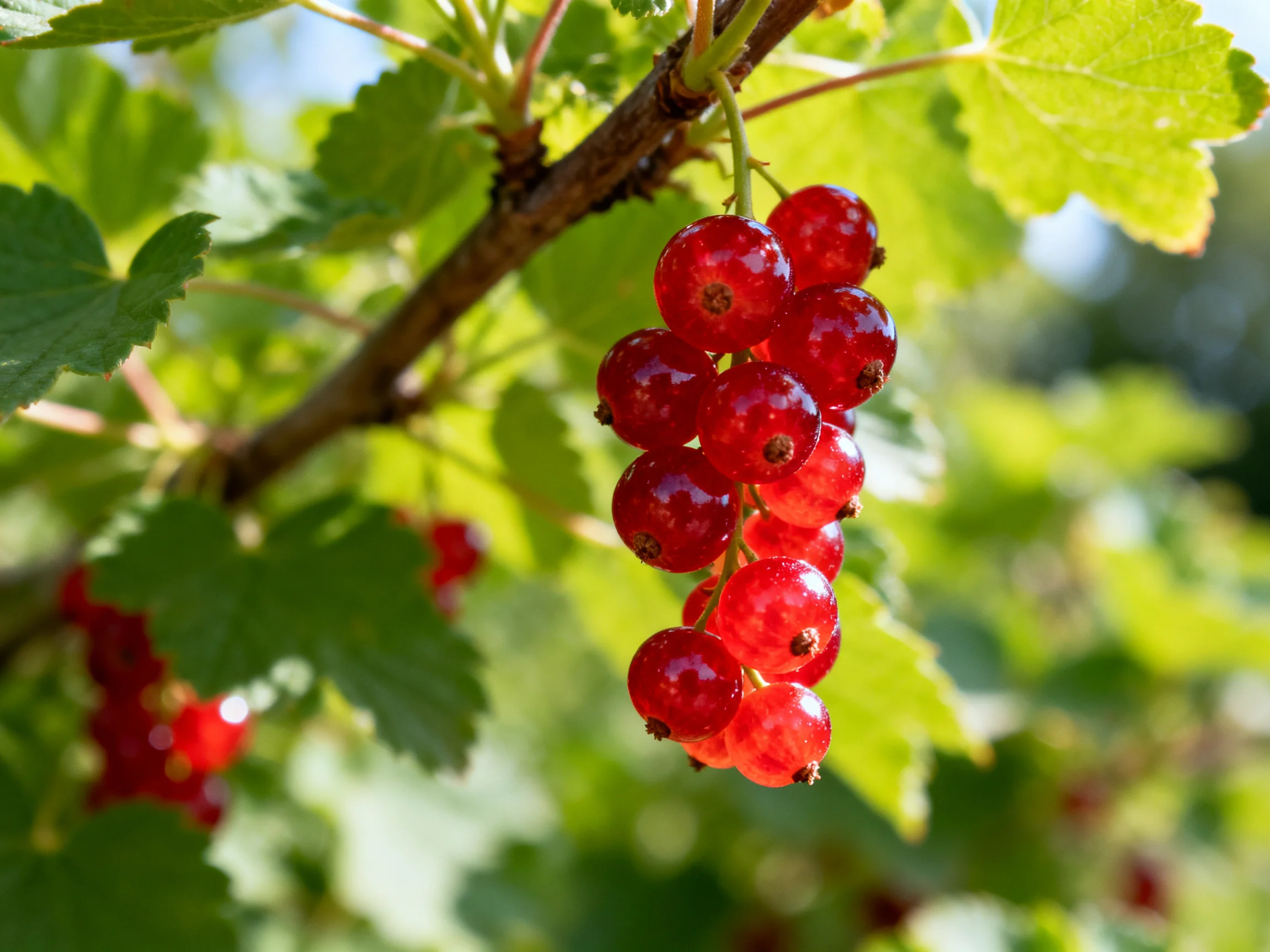 A cluster of glossy red currants hangs from a brown tree branch amid green foliage.