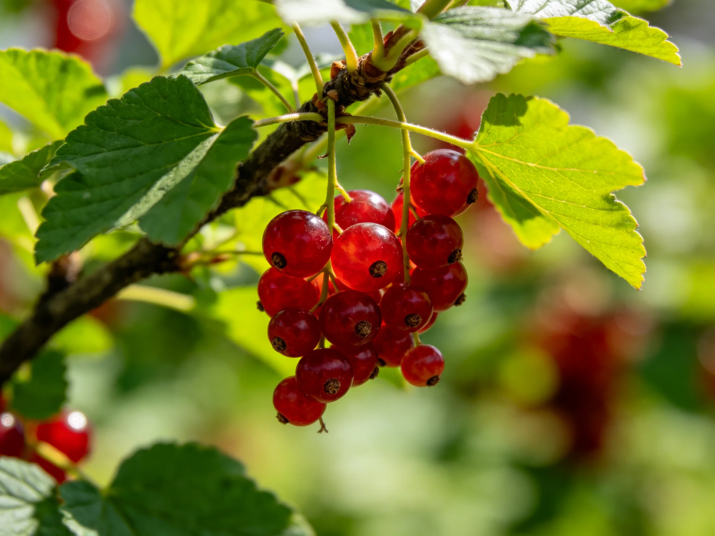 A cluster of glossy red currants hangs from a leafy branch