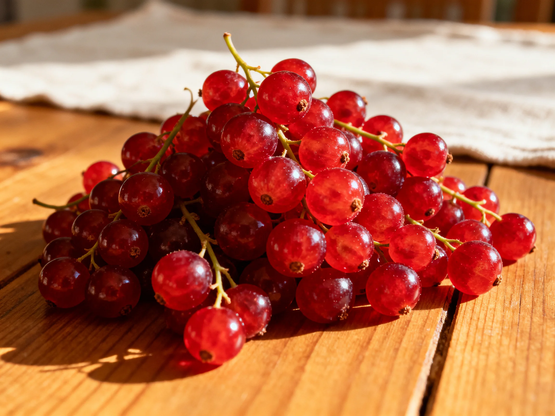 A cluster of glossy red currants on a wooden table