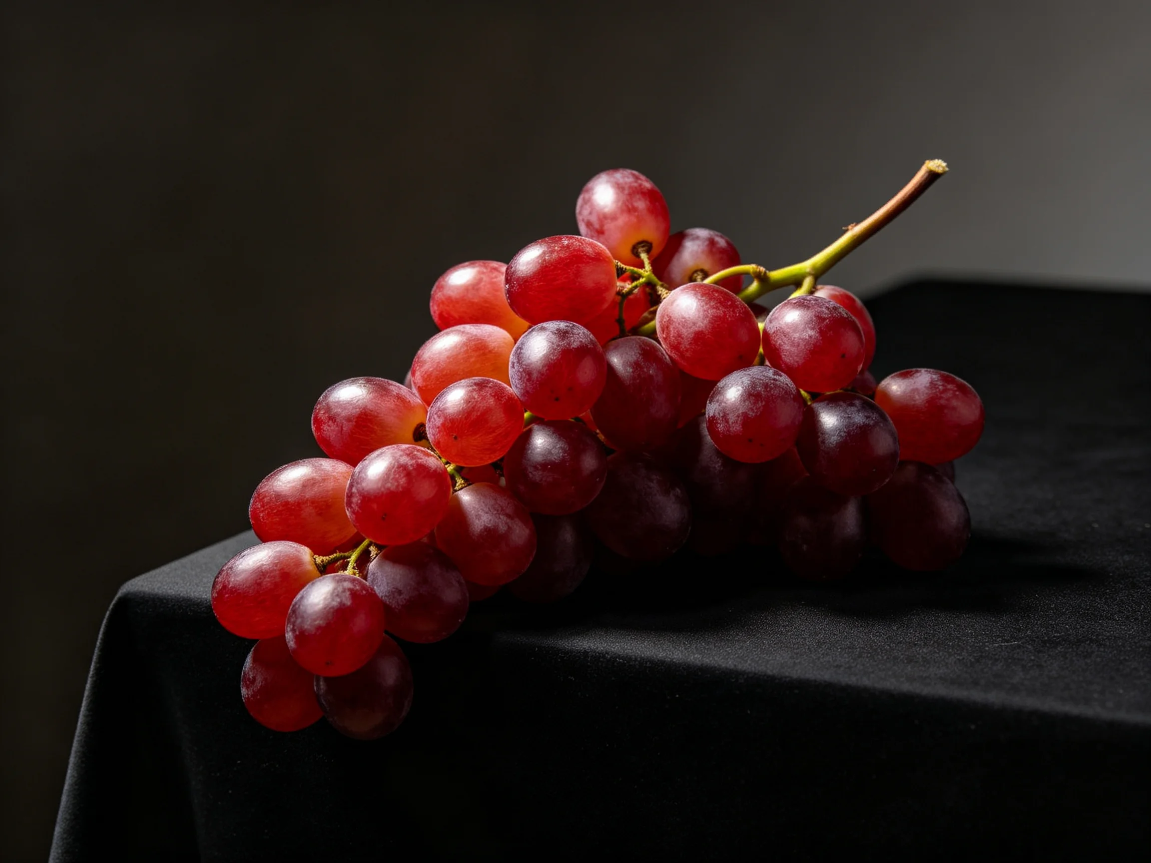 A cluster of glossy red grapes rests on a black cloth