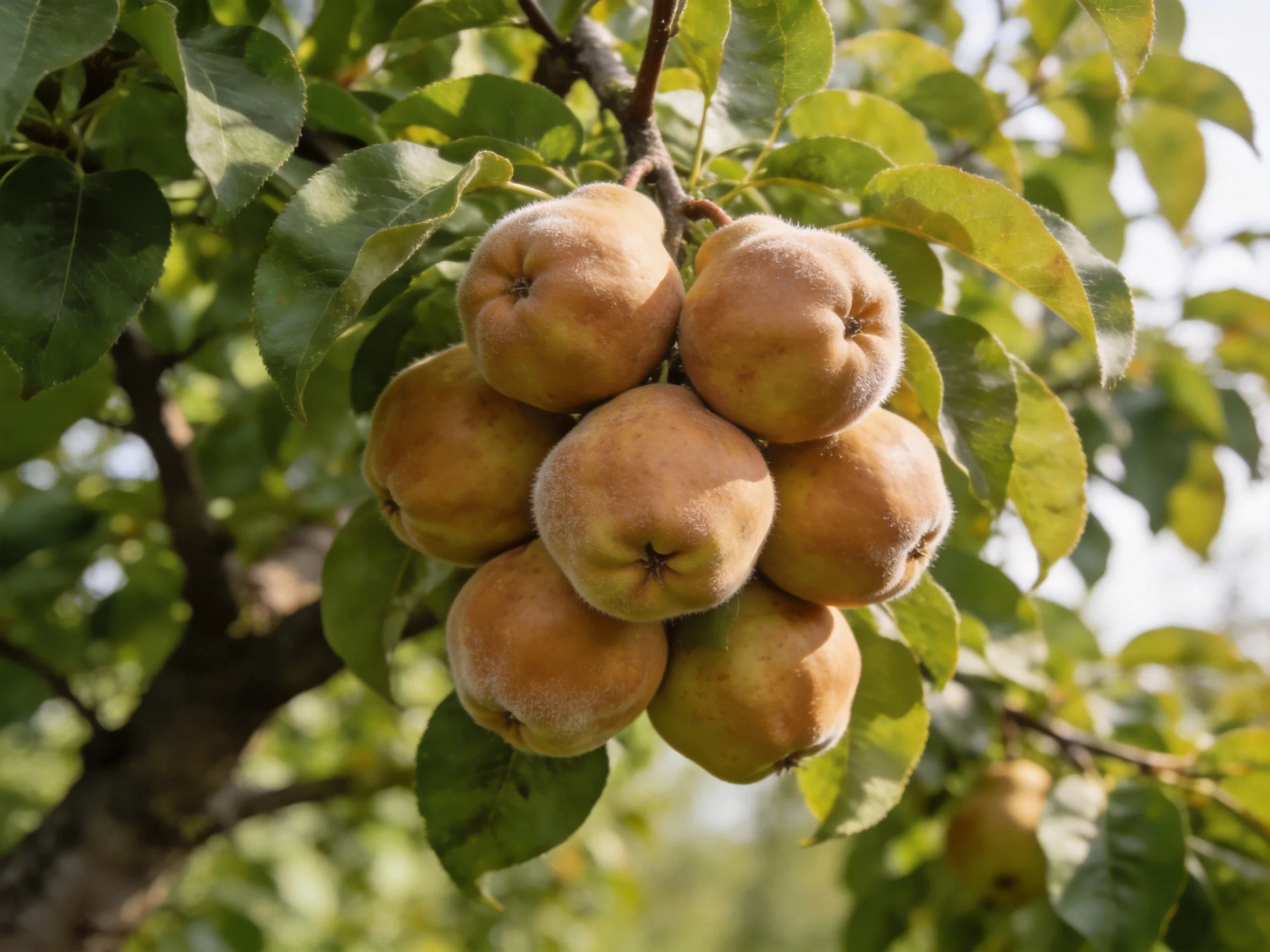 A cluster of golden-brown fruits hangs from a leafy tree