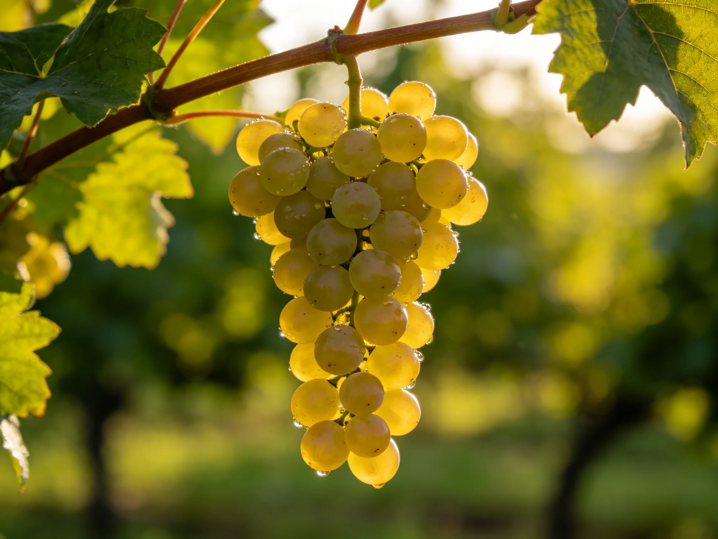 A cluster of golden grapes hangs from a vine in sunlit vineyard