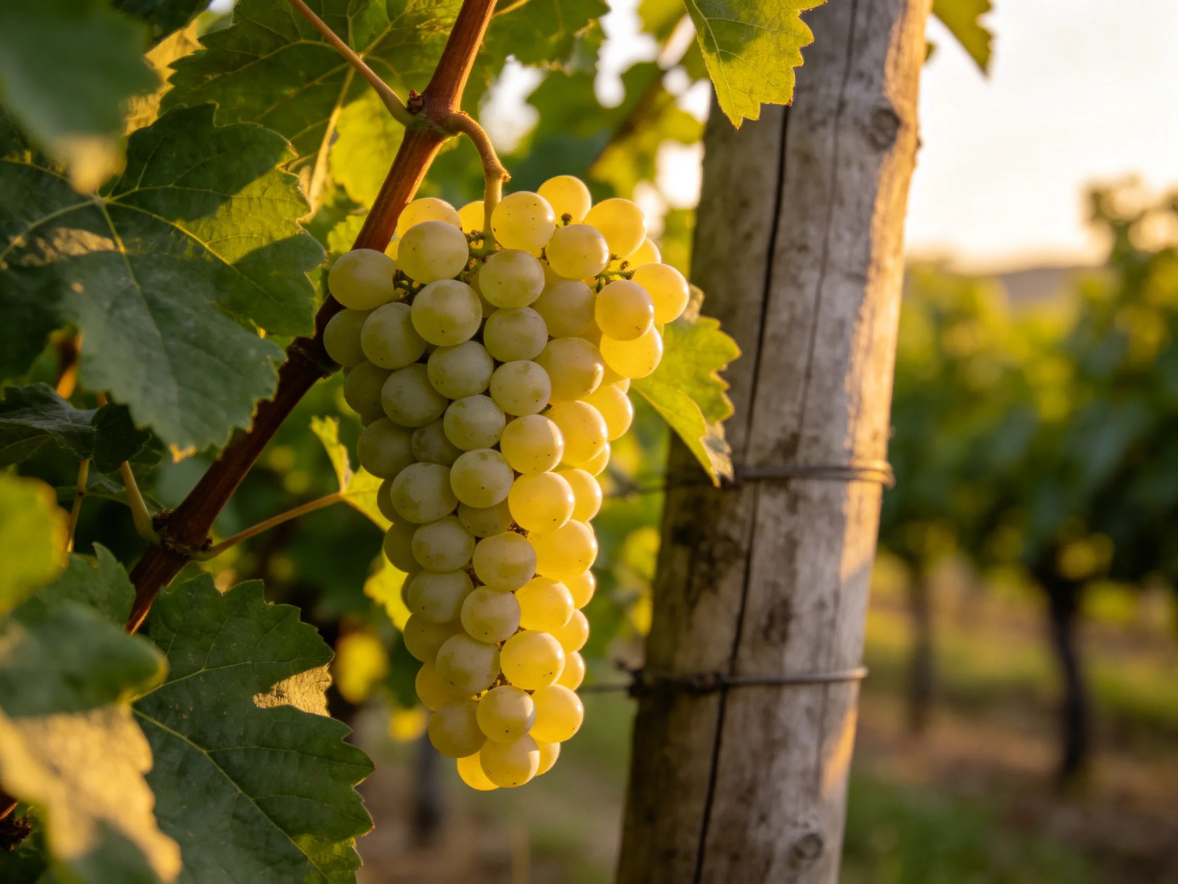 A cluster of golden-hued grapes hangs from a vine in a sun-drenched vineyard.