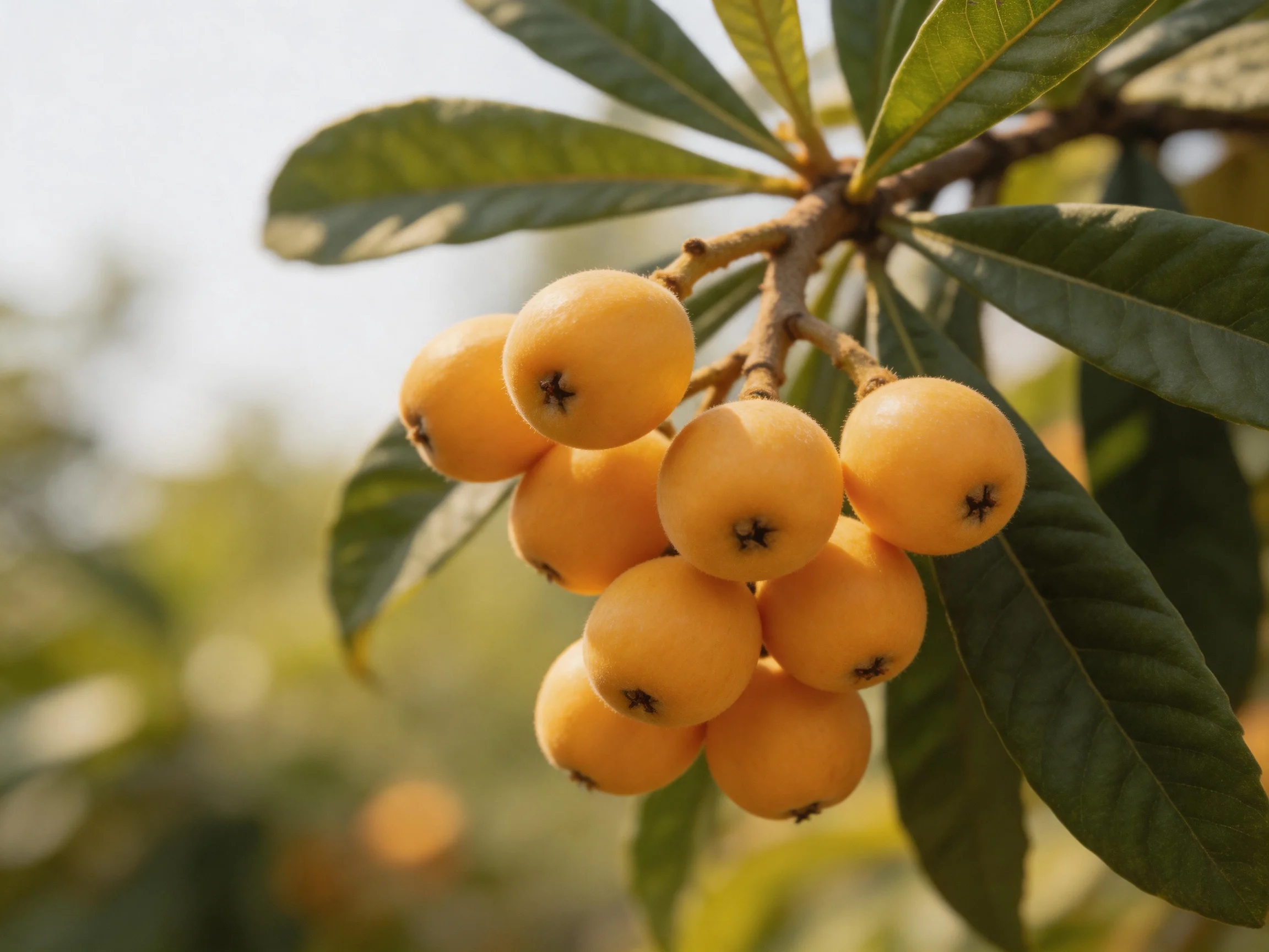 A cluster of golden loquats hangs from broad green leaves