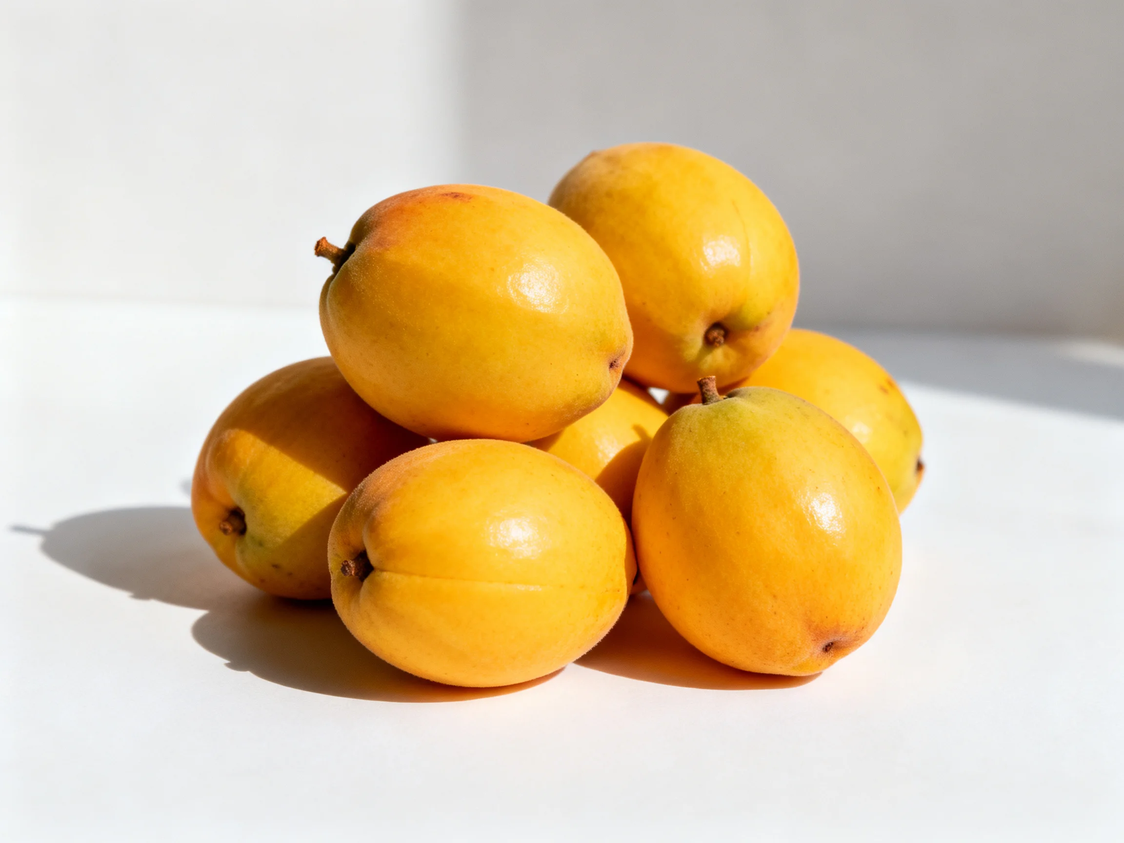 A cluster of golden-yellow apricots piled on a white surface