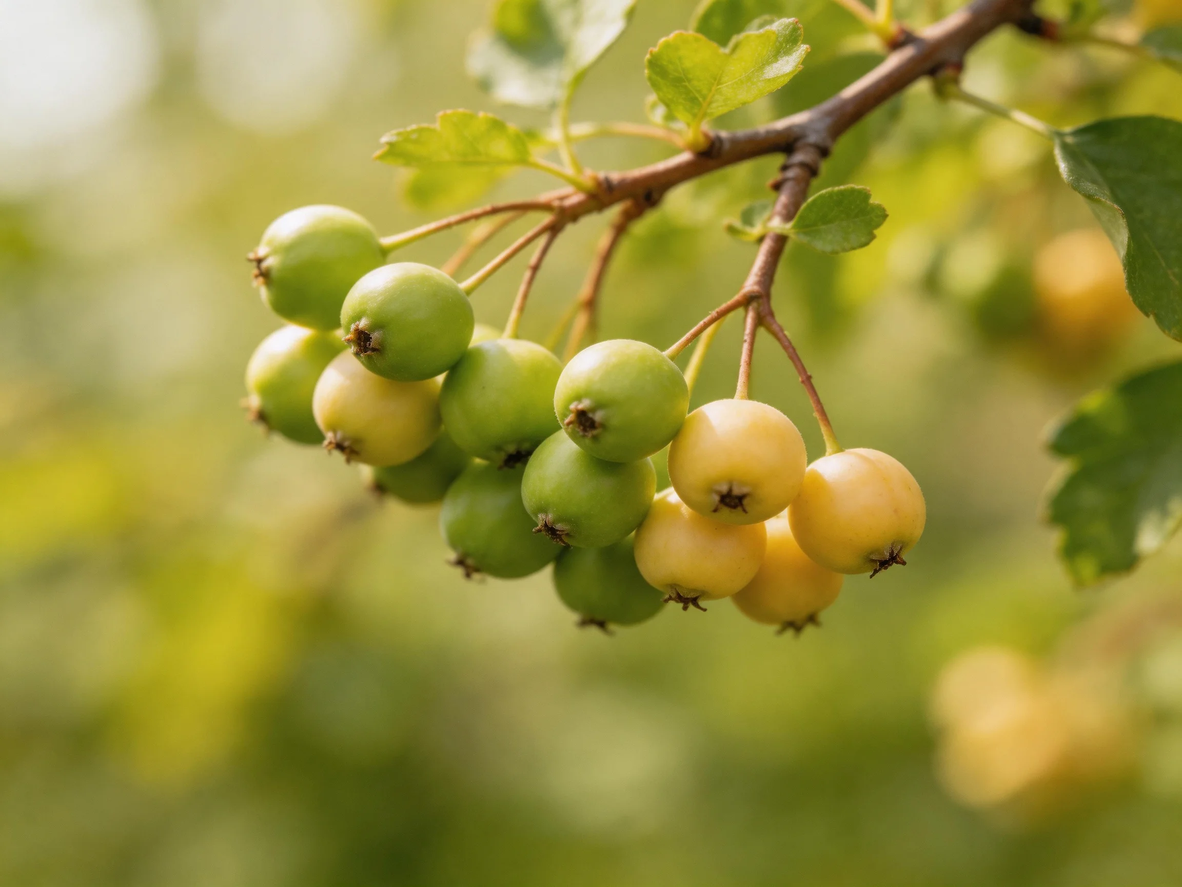 A cluster of green and golden berries hangs from a tree branch