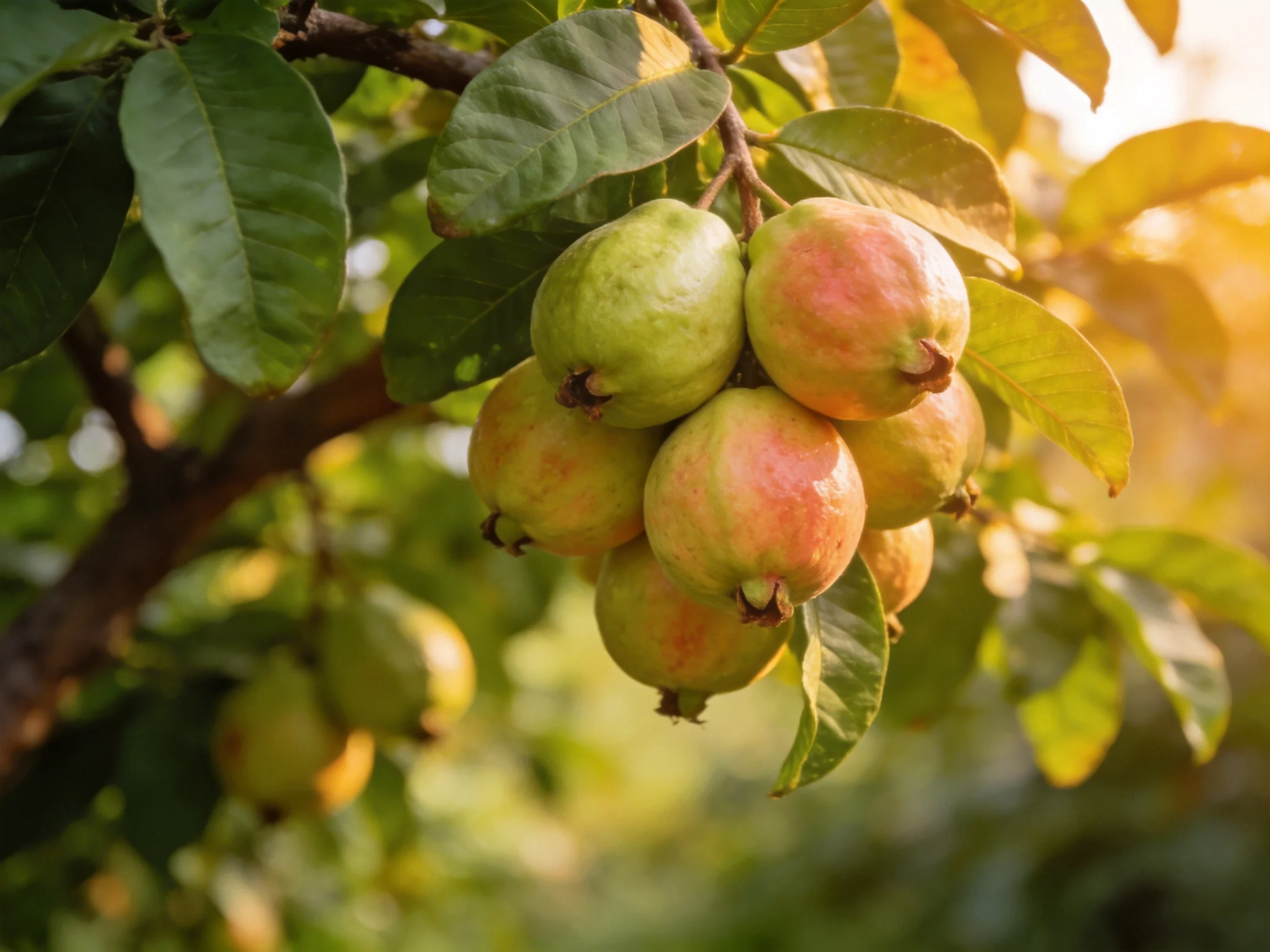 A cluster of green and pink guavas hangs from a leafy tree branch