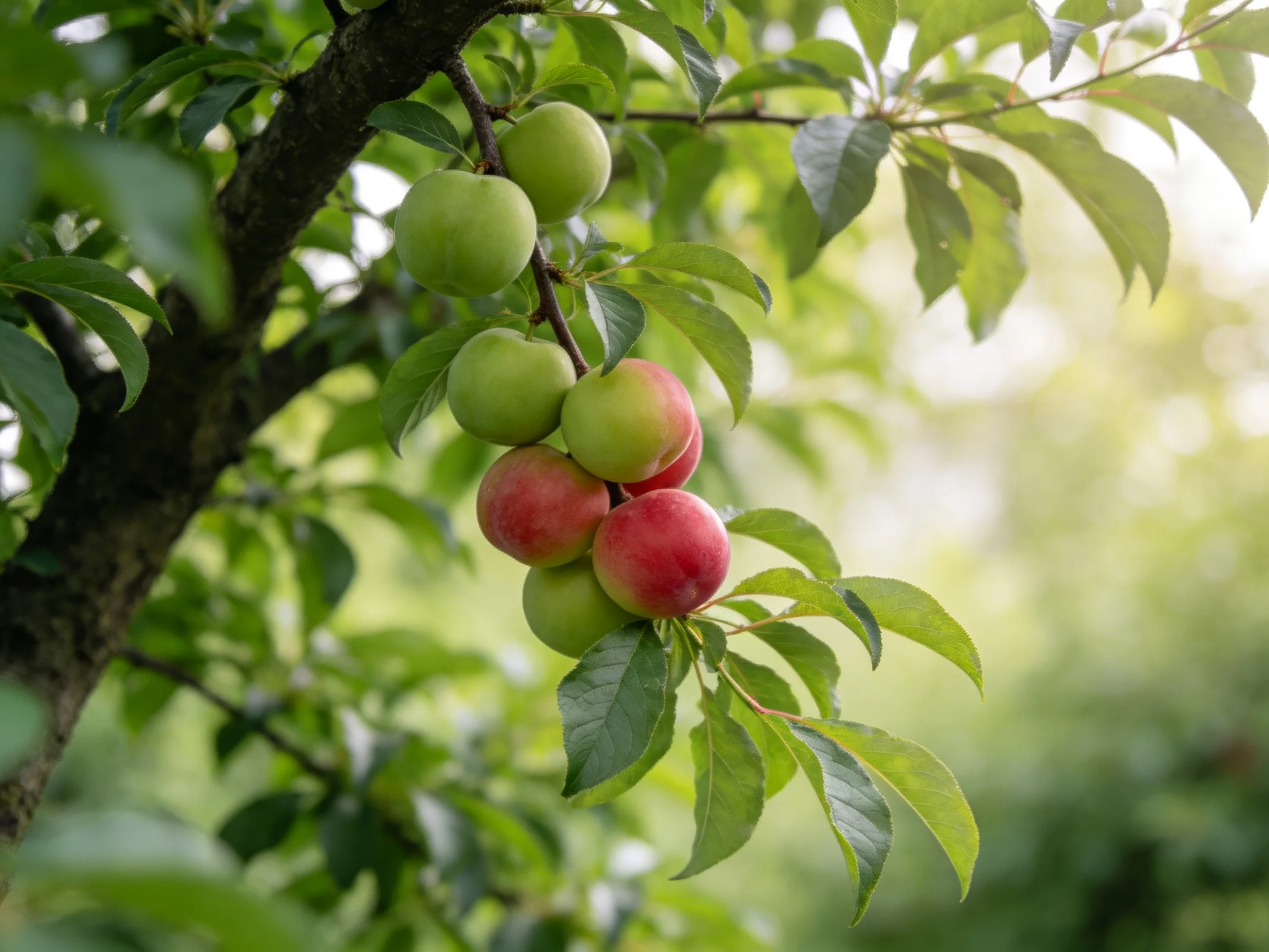 A cluster of green and red plums grows on a tree branch