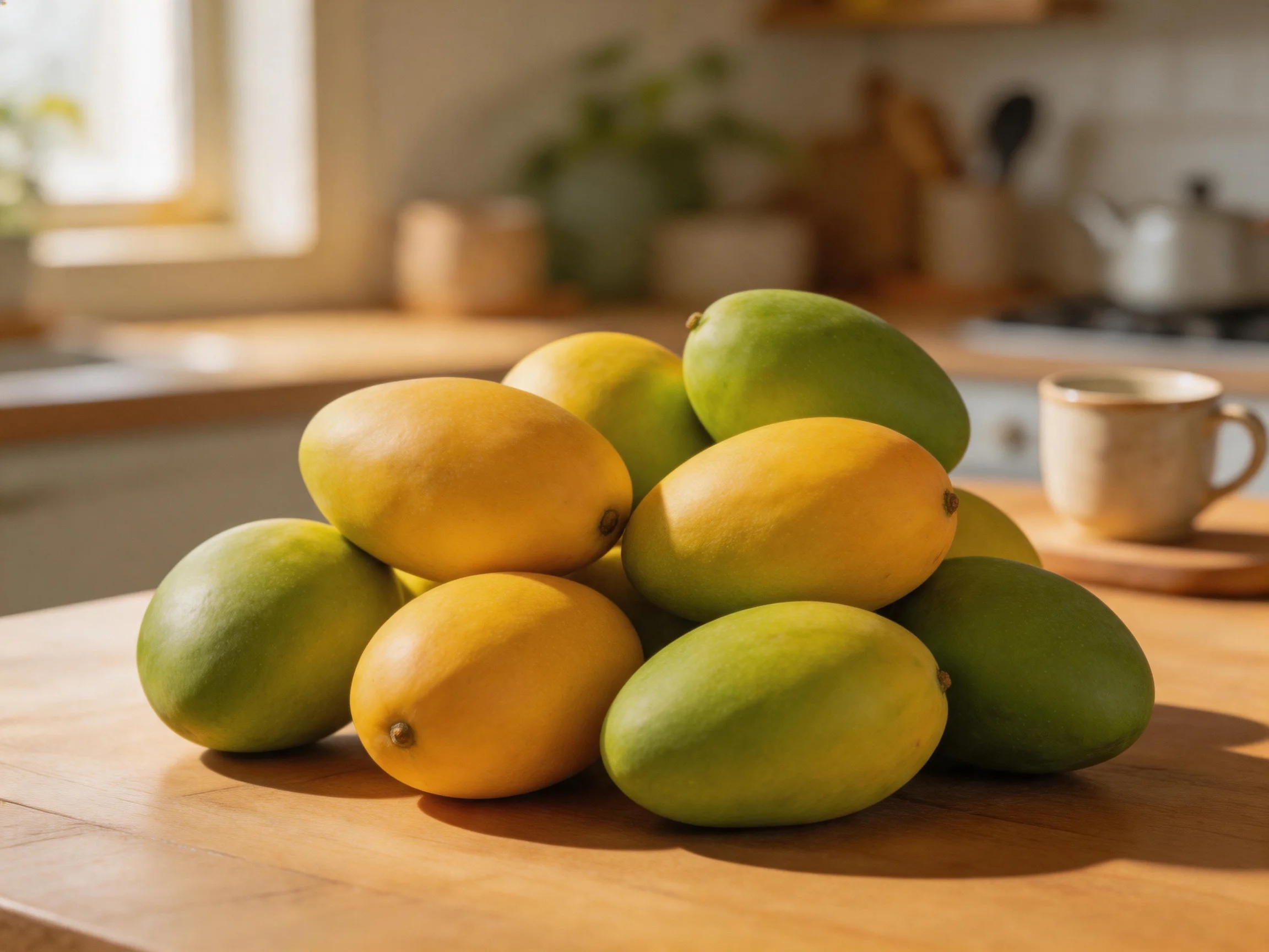 A cluster of green and yellow mangoes on a wooden kitchen counter