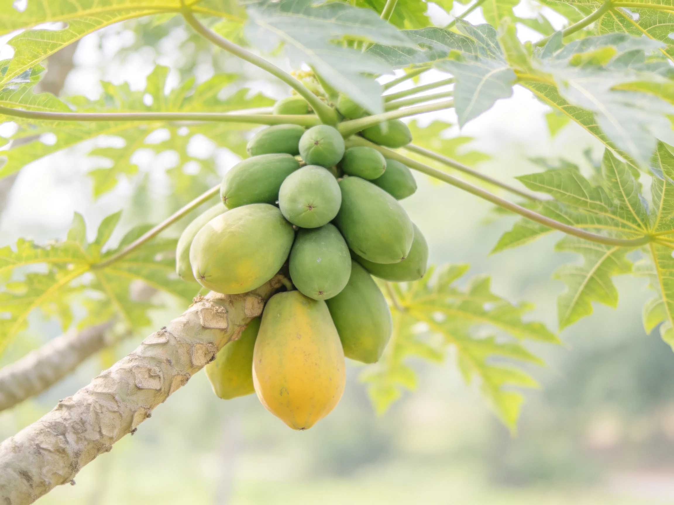 A cluster of green and yellow papayas grows on a leafy tree