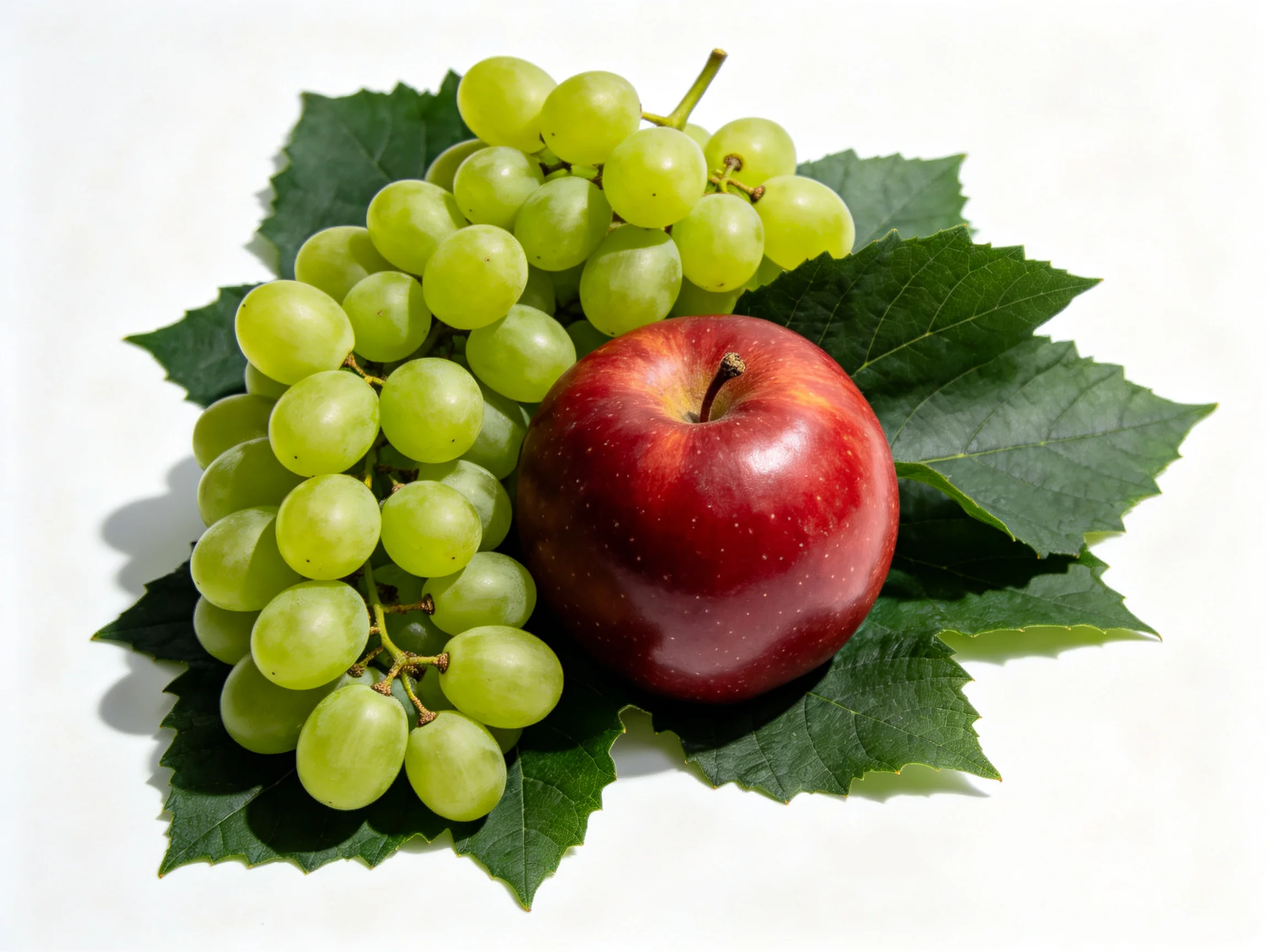A cluster of green grapes beside a glossy red apple on dark green leaves