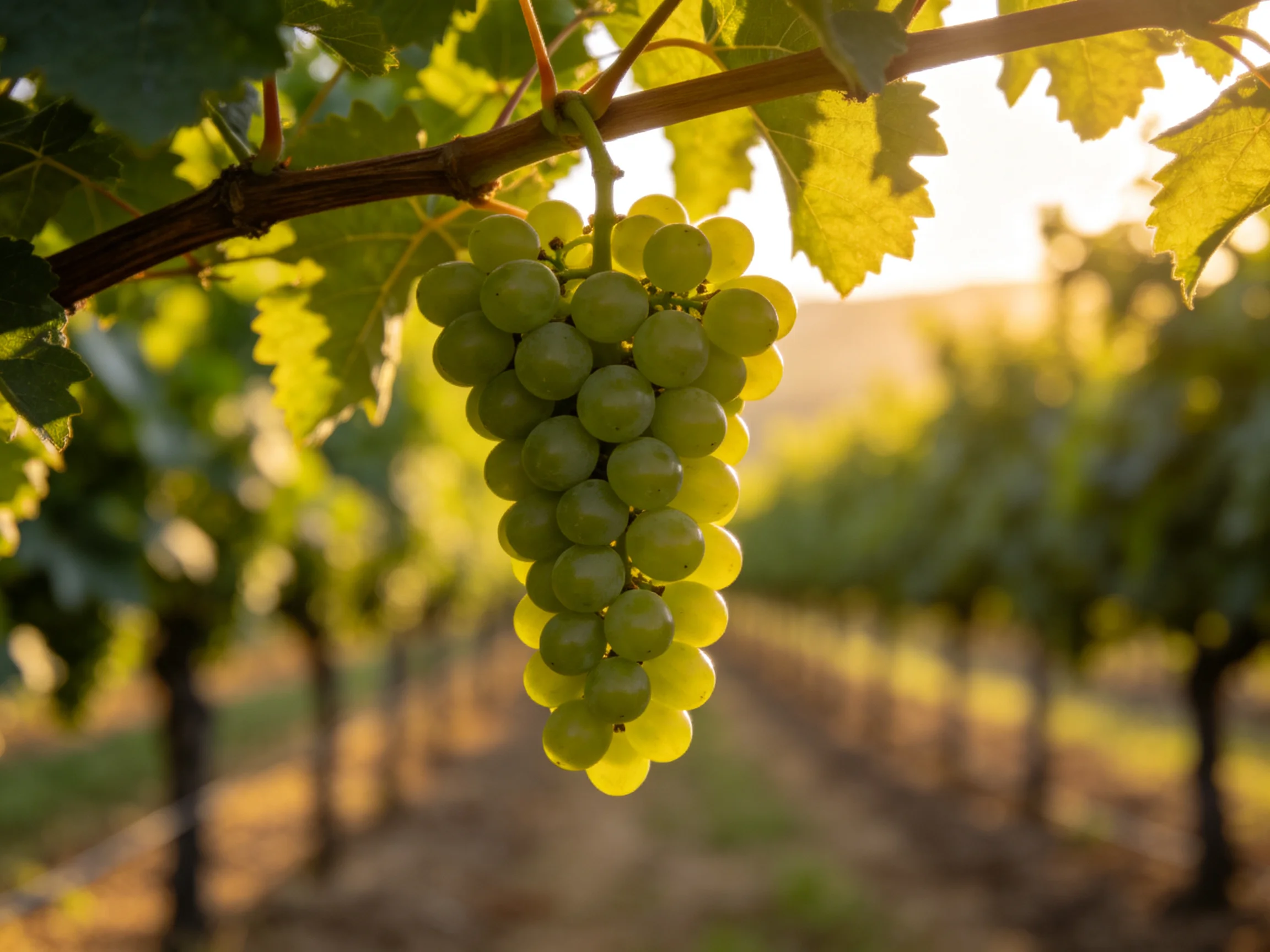 A cluster of green grapes hangs from a vine in a sun-drenched vineyard