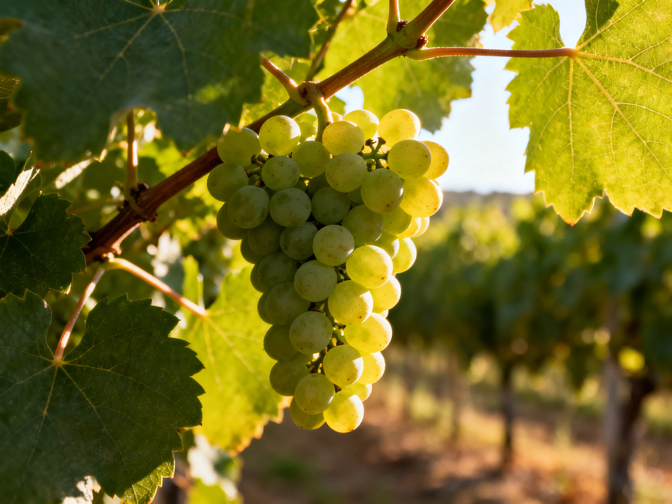 A cluster of green grapes hangs from a vine in a sunlit vineyard