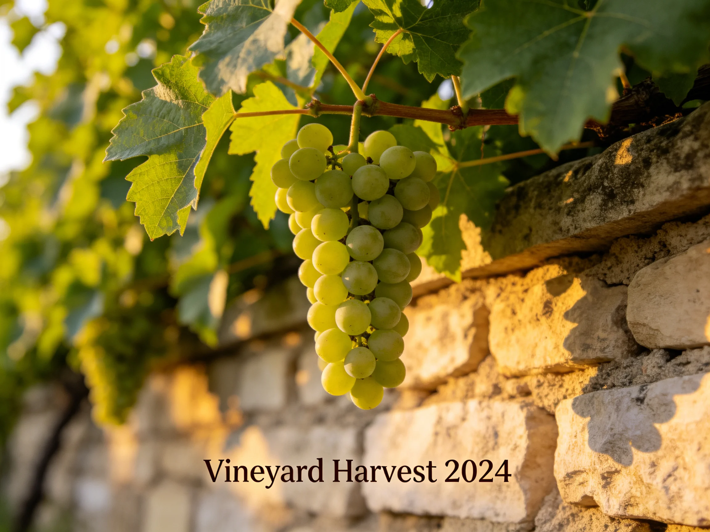 A cluster of green grapes hangs from vines near an old stone wall