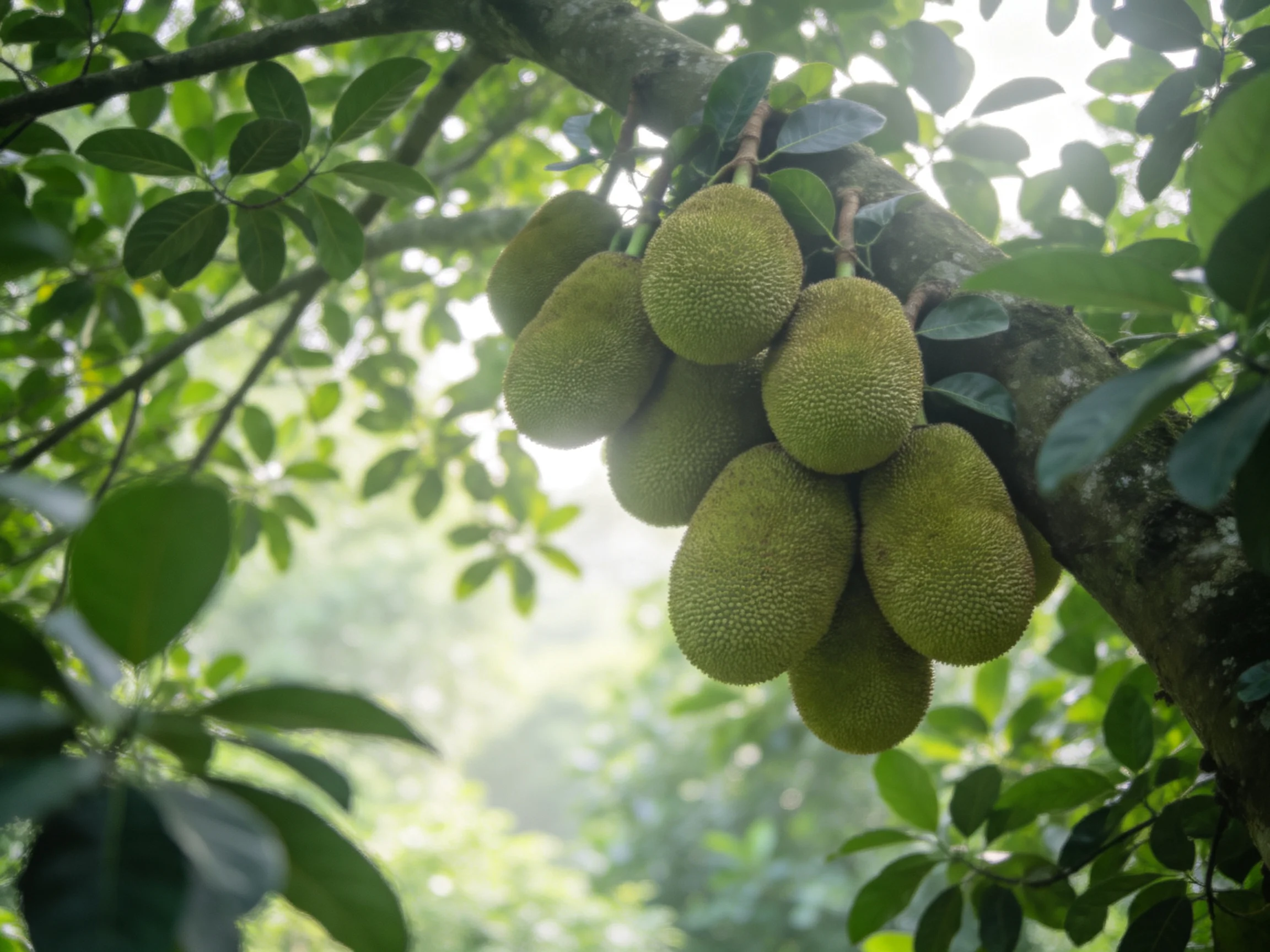 A cluster of green jackfruits hangs from a tree amid dense foliage