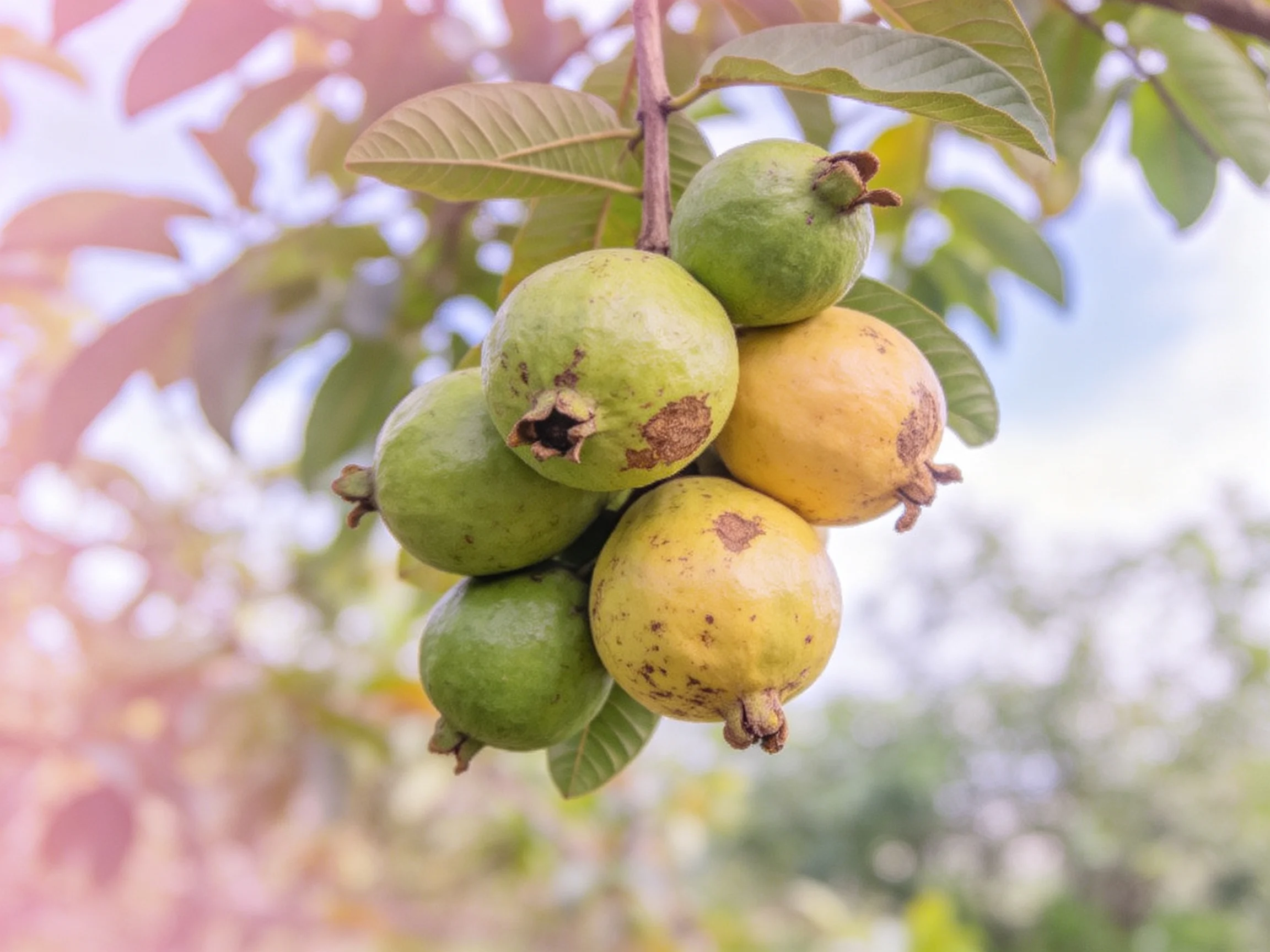 A cluster of guavas in green and yellow hues hangs from a leafy branch