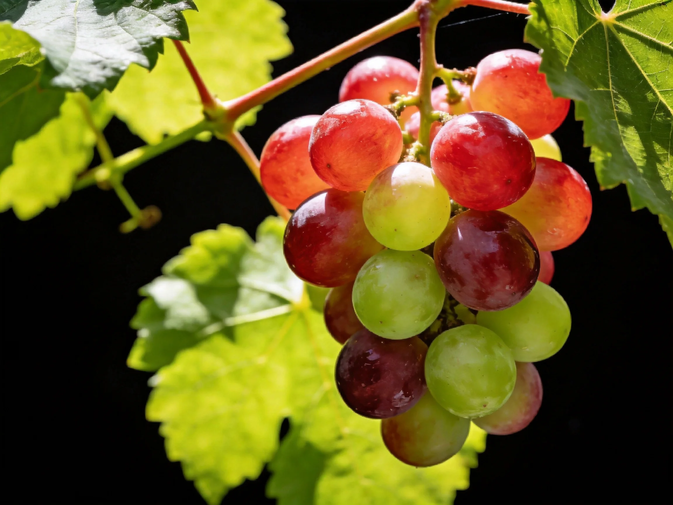 A cluster of multicolored grapes hangs among vibrant green grapevine leaves