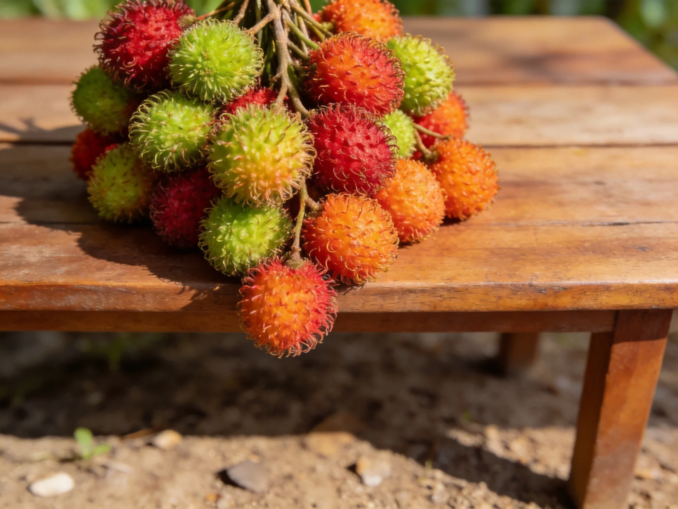 A cluster of multicolored rambutan fruits rests on a wooden table