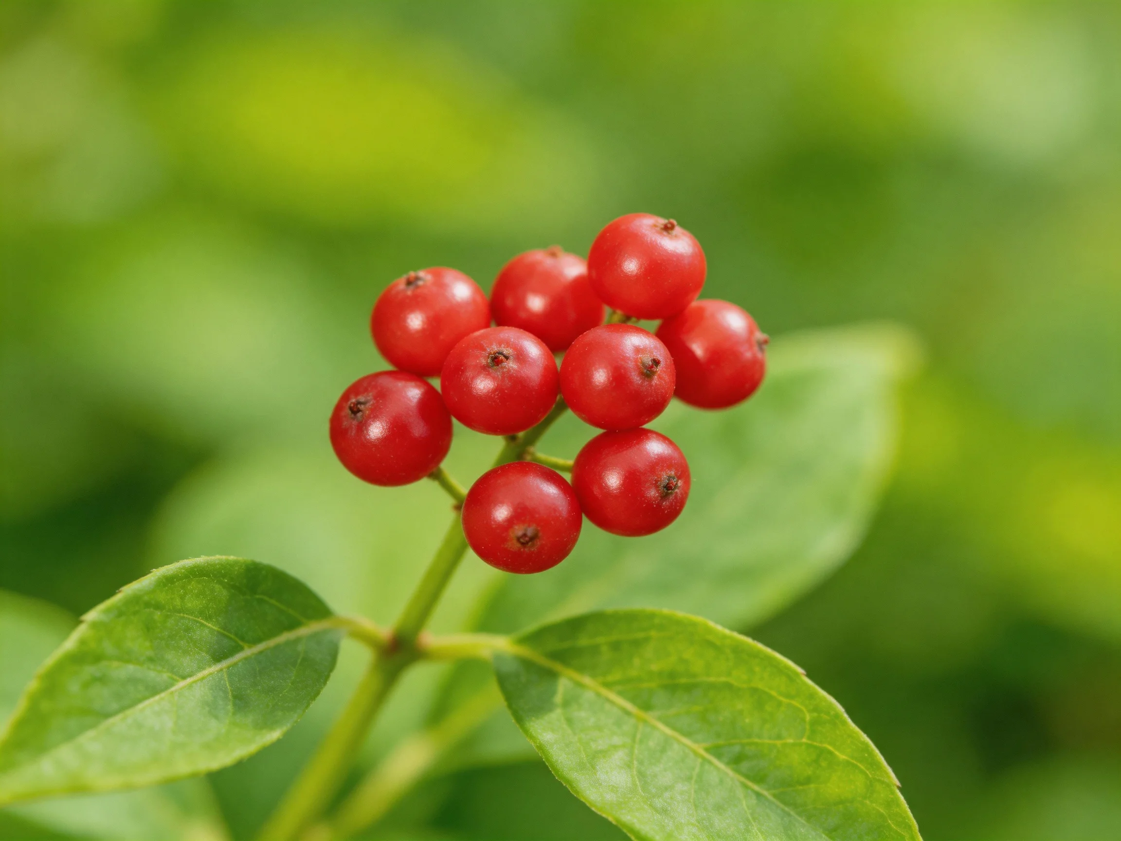 A cluster of nine bright red berries with glossy green leaves