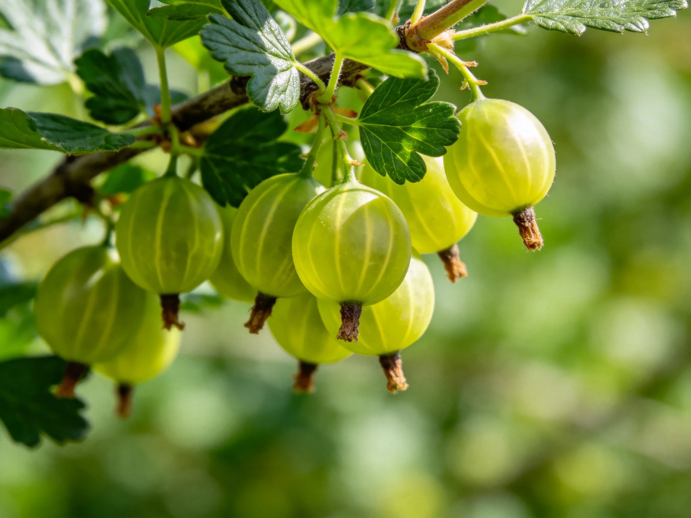 A cluster of numerous green gooseberries hangs from a branch
