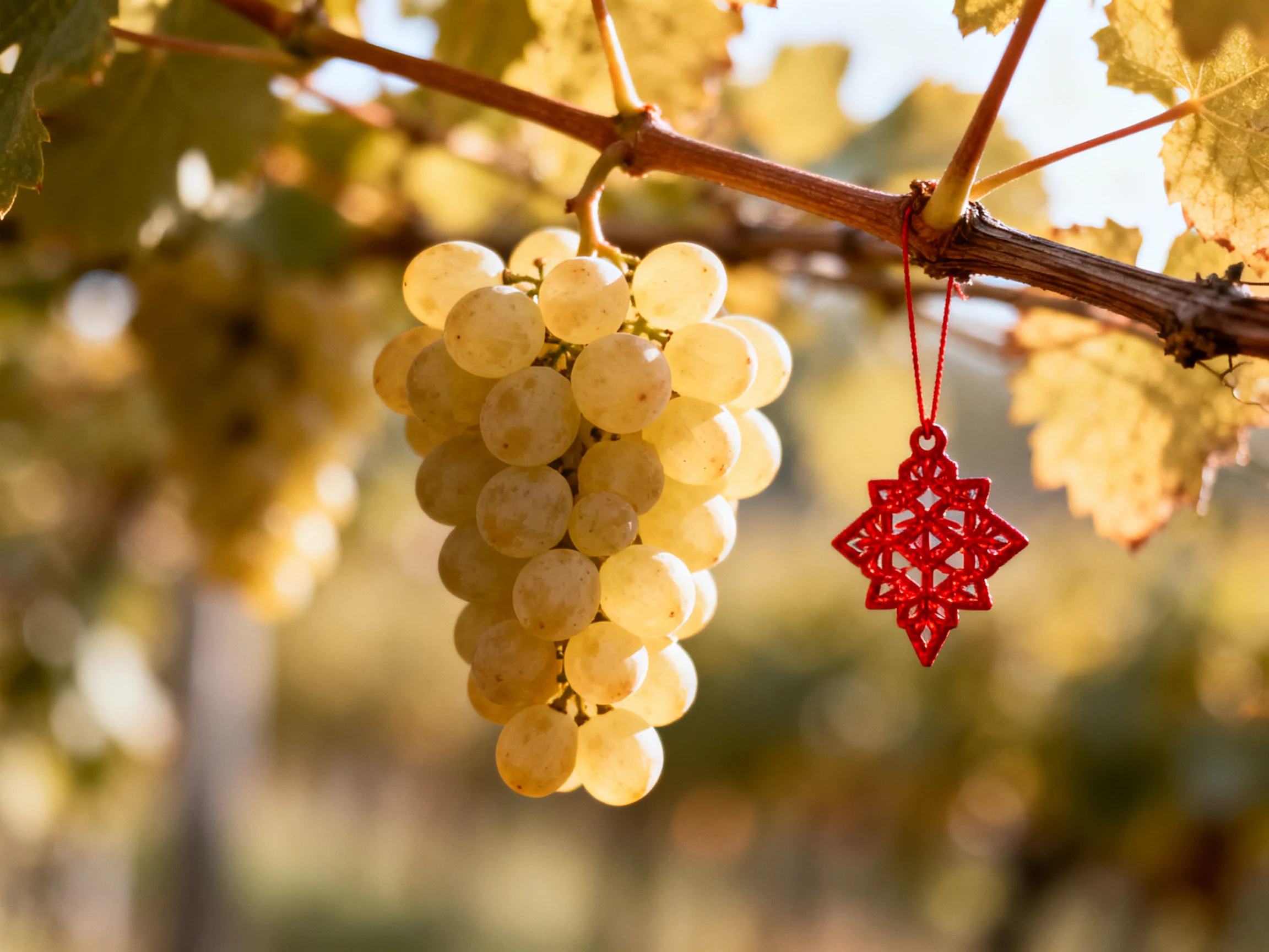 A cluster of pale grapes hangs from a vine with a red decorative ornament