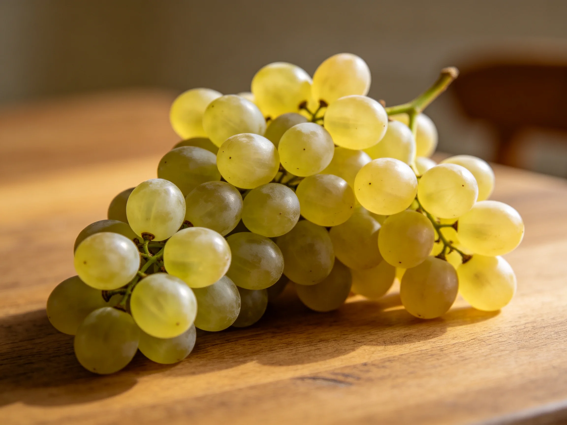 A cluster of pale green grapes arranged on a wooden surface