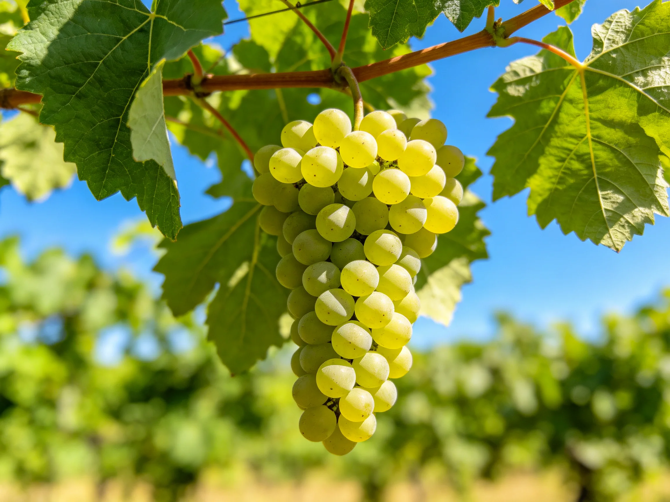 A cluster of pale green grapes hangs from a vine among lush leaves