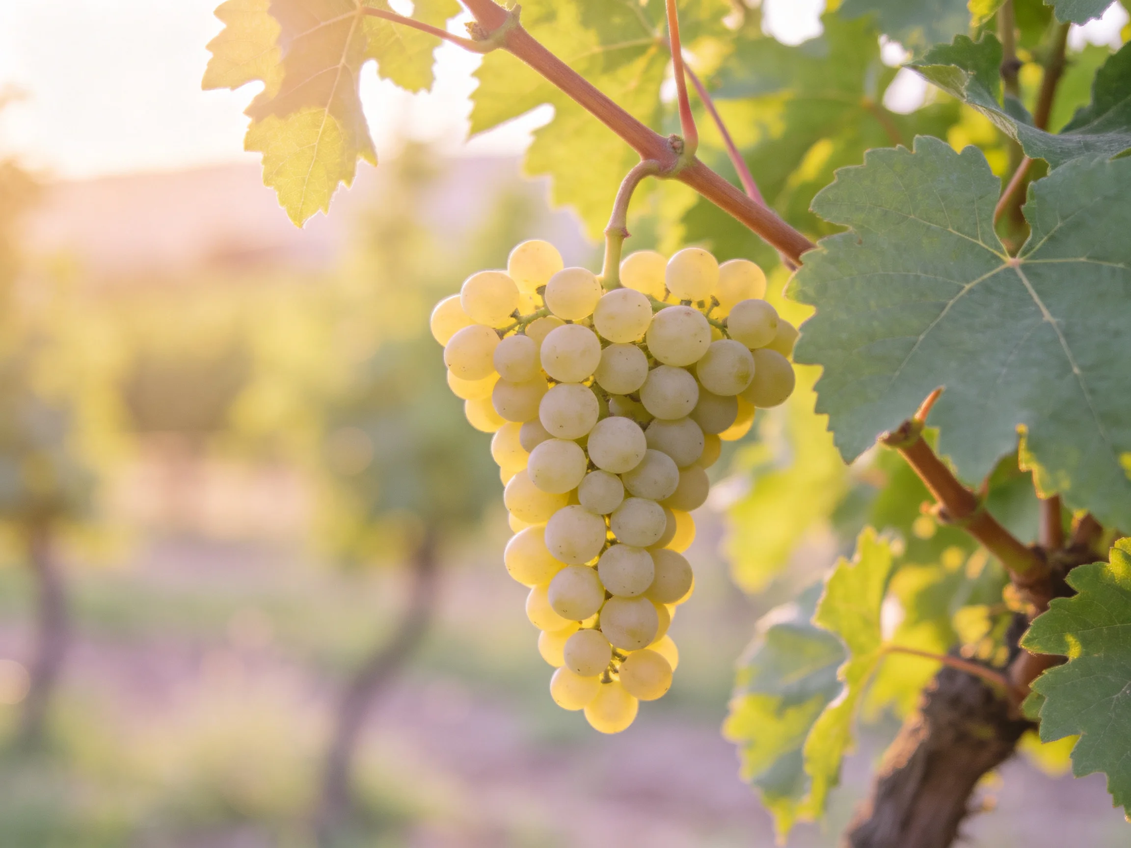 A cluster of pale green grapes hangs from a vine in a sunlit vineyard