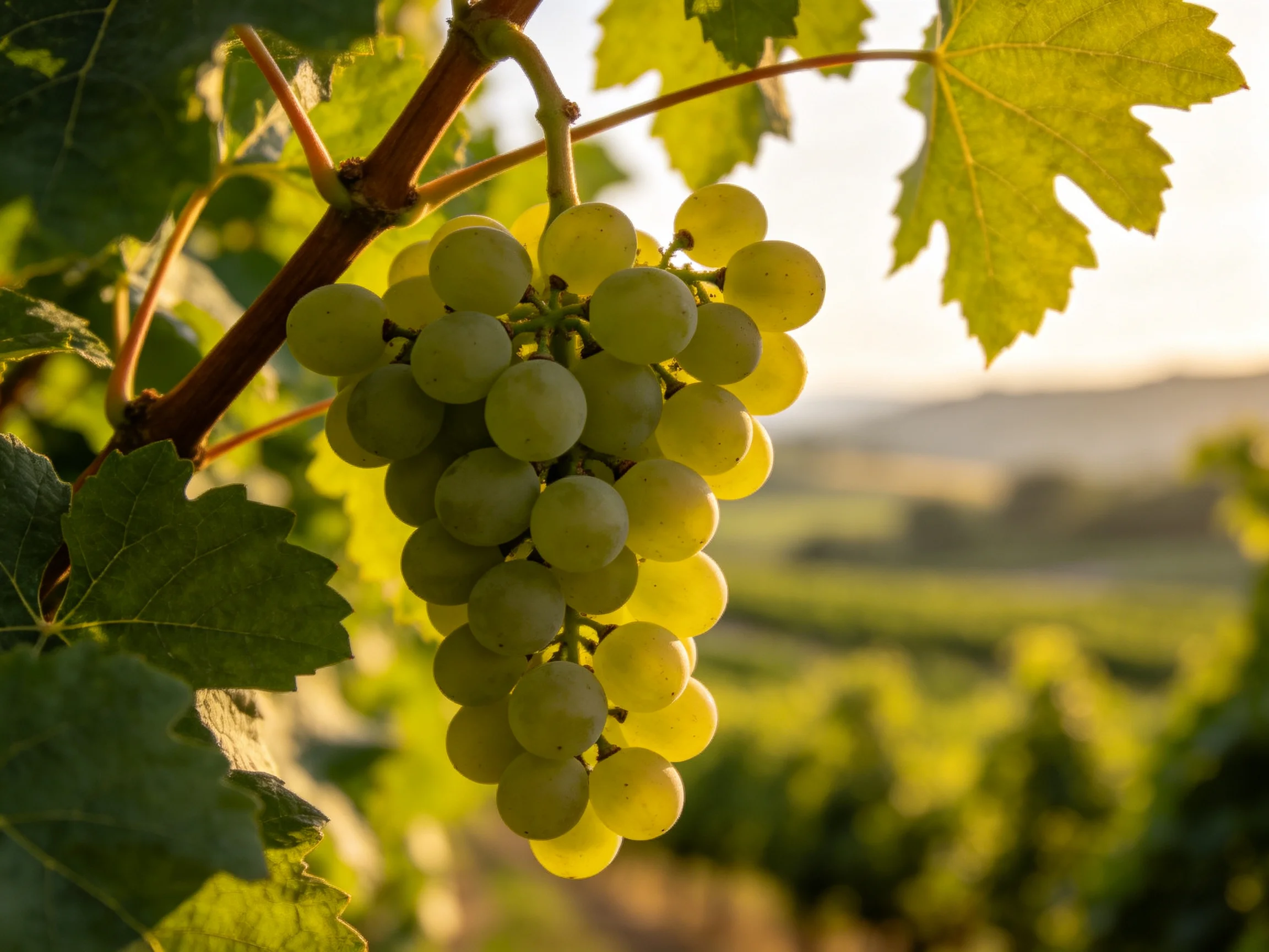 A cluster of pale green grapes hangs from a vine in a sunlit vineyard