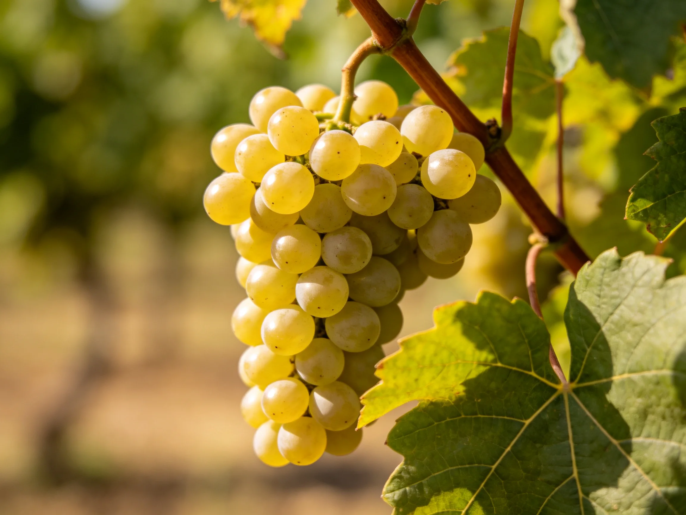A cluster of pale green grapes hangs from a vine in bright sunlight