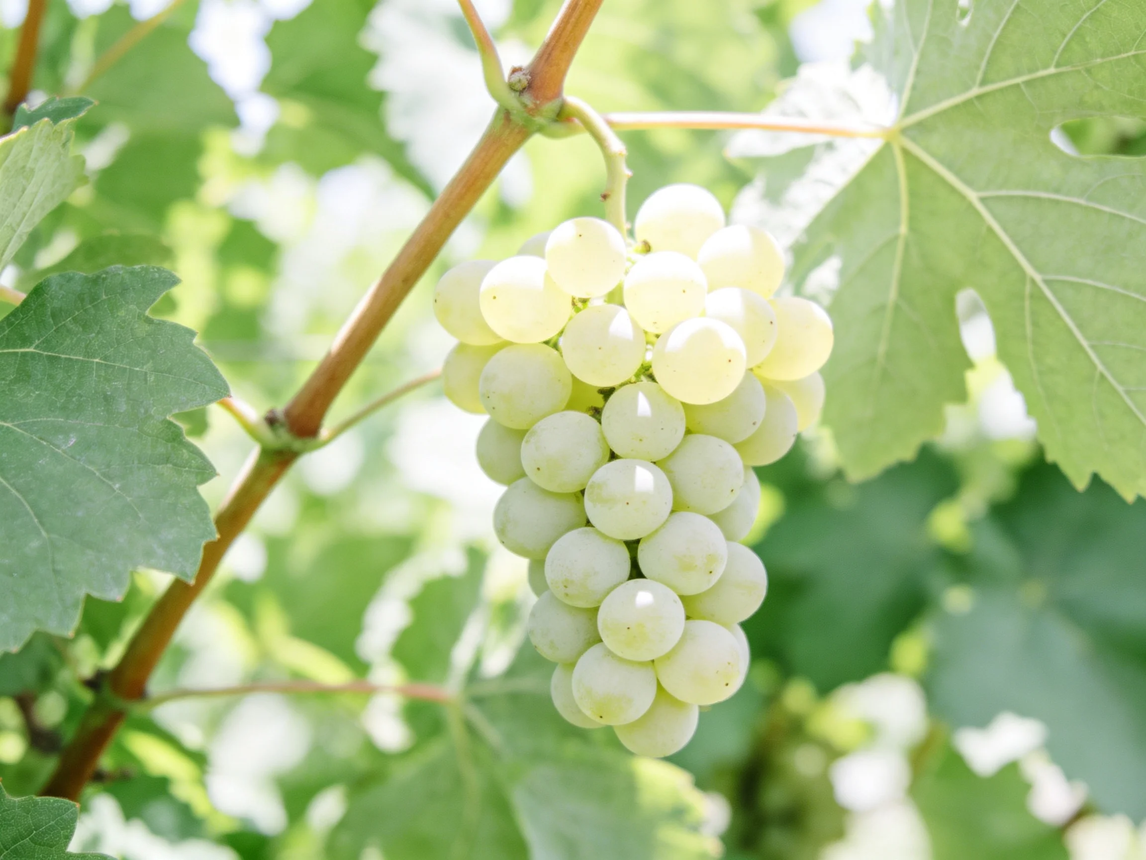 A cluster of pale green grapes hangs from a vine with broad green leaves