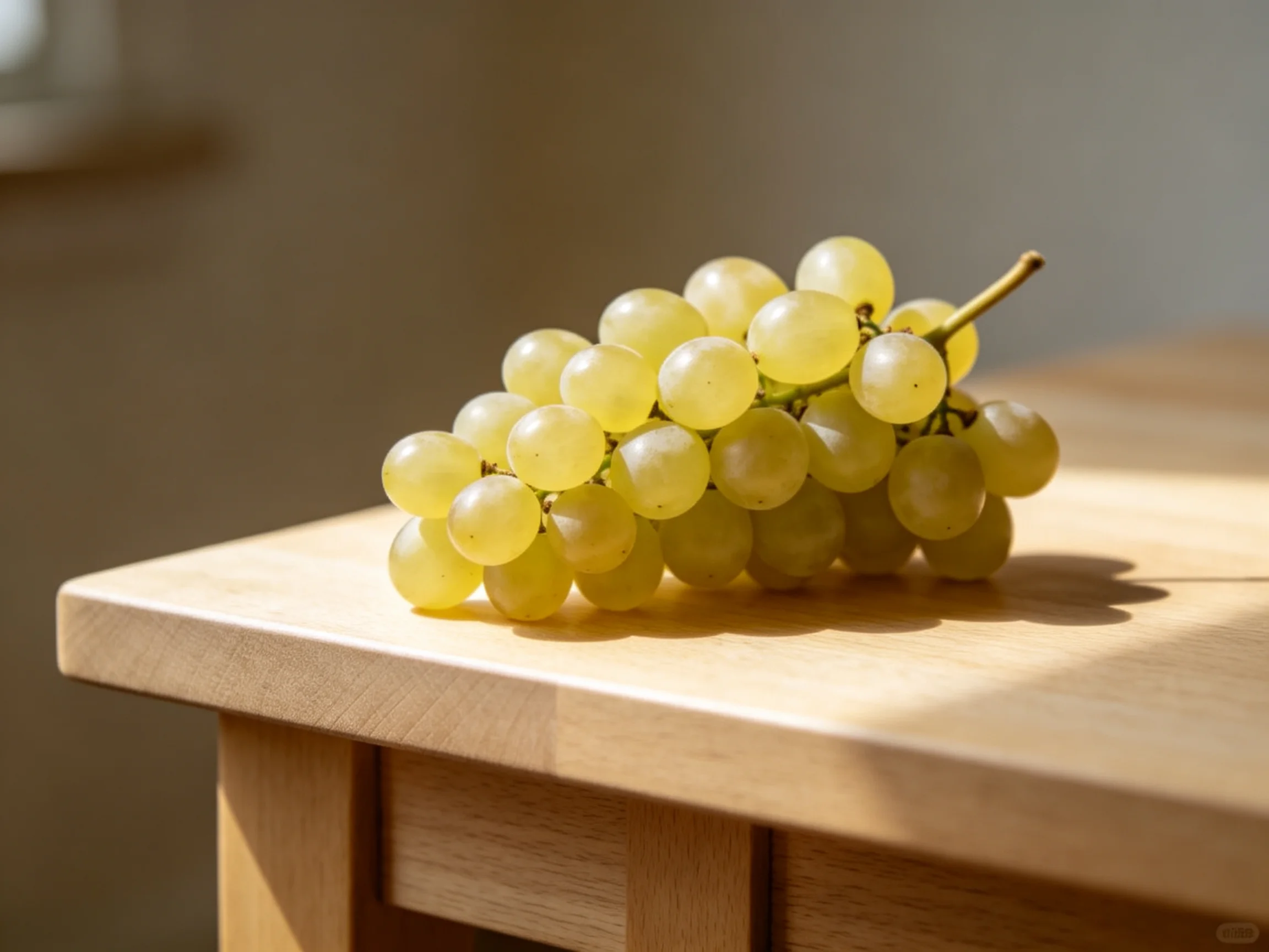 A cluster of pale green grapes rests on a polished wooden table