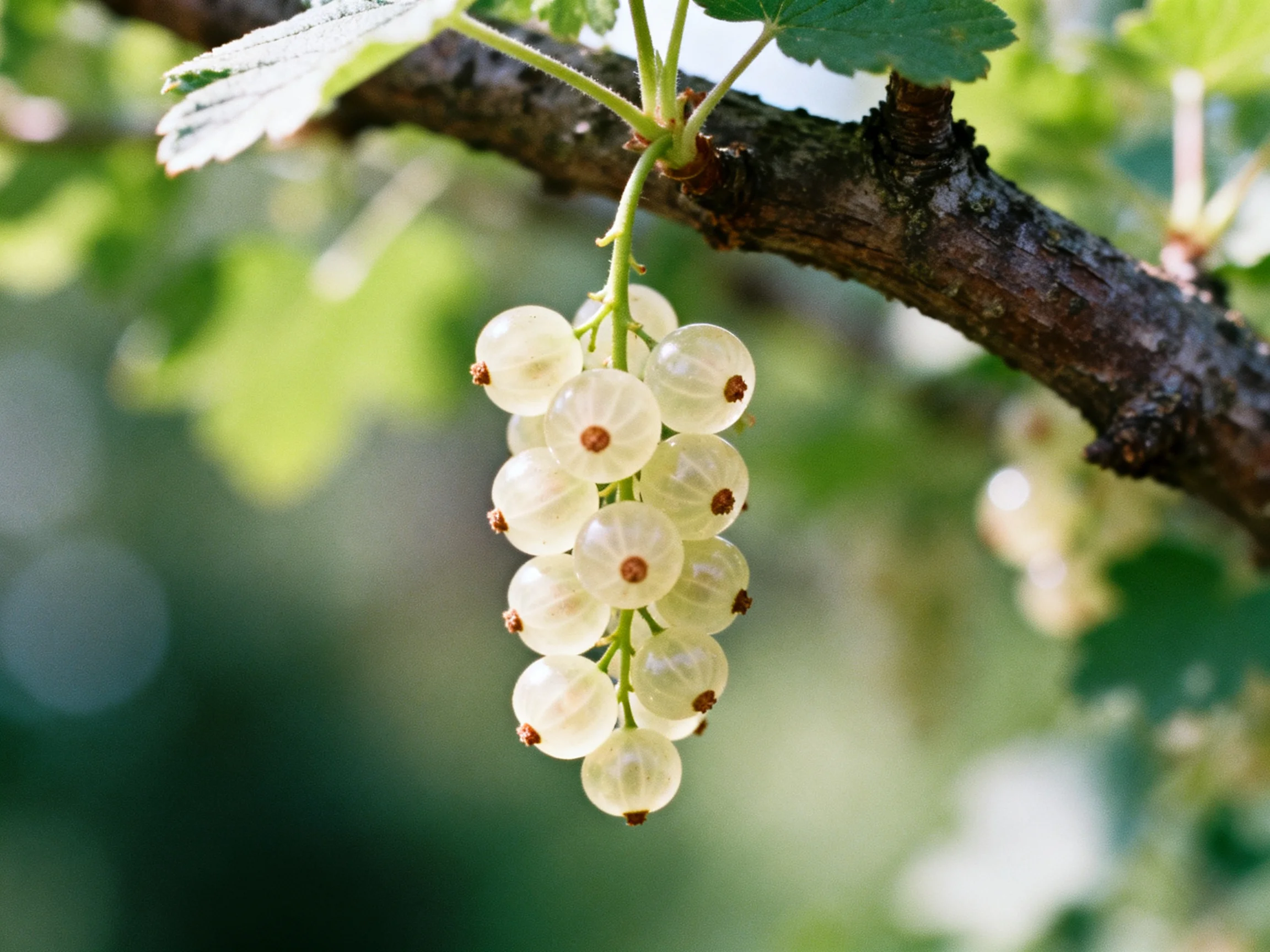 A cluster of pale white berries hangs from a dark tree branch