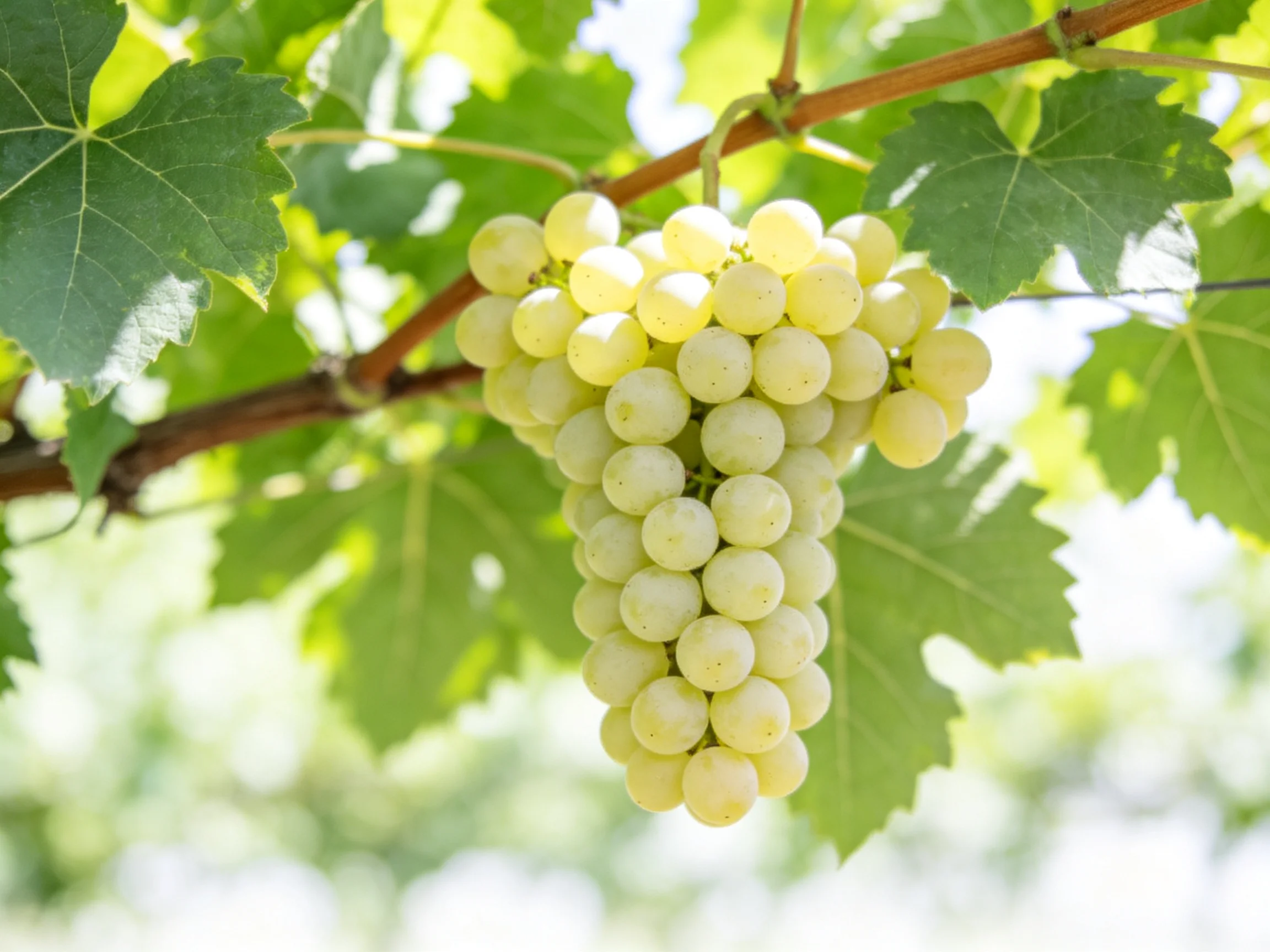 A cluster of pale yellow grapes hangs from a vine among lush green leaves
