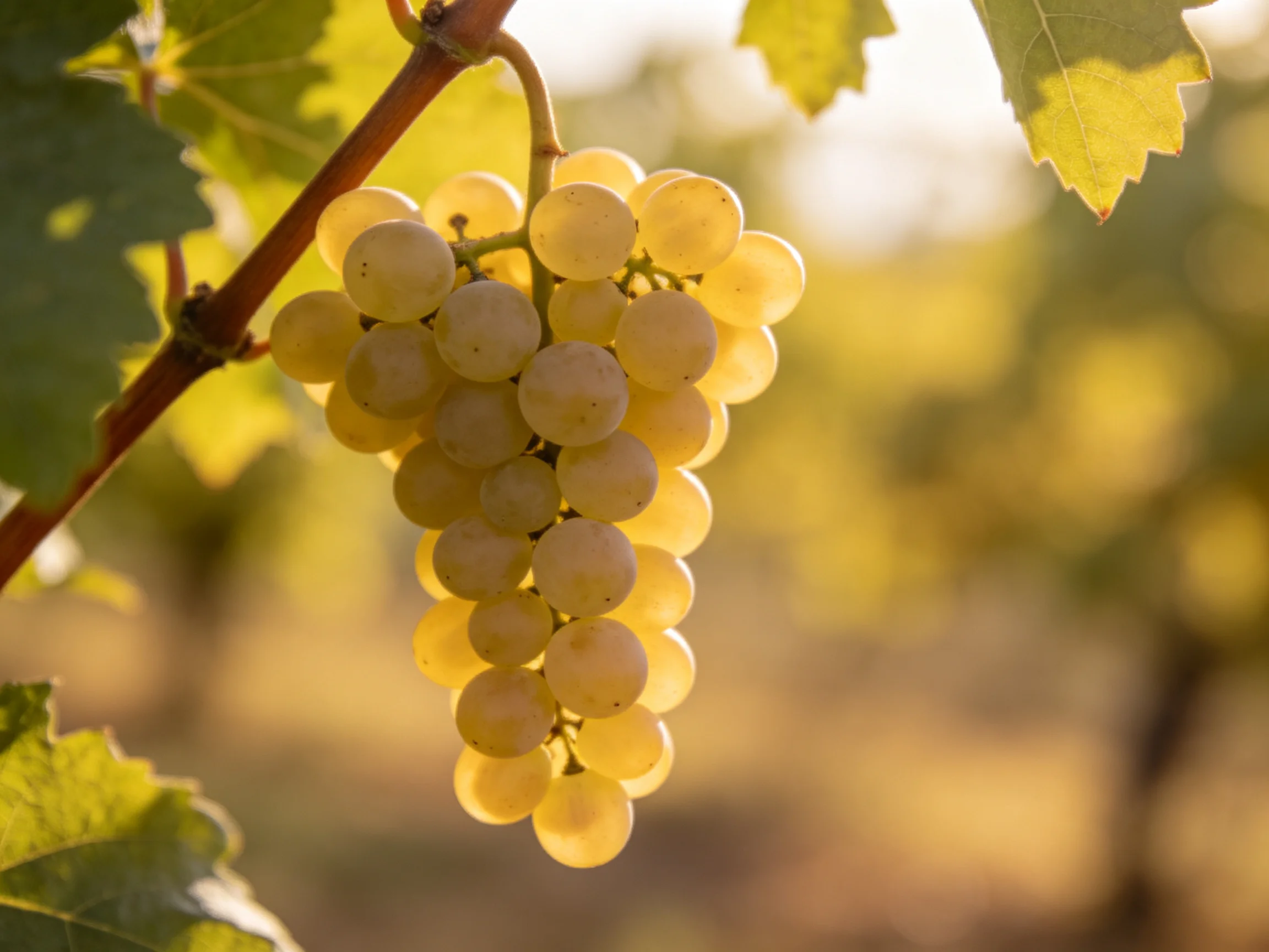 A cluster of pale yellow grapes hangs from a vine in a sunlit vineyard