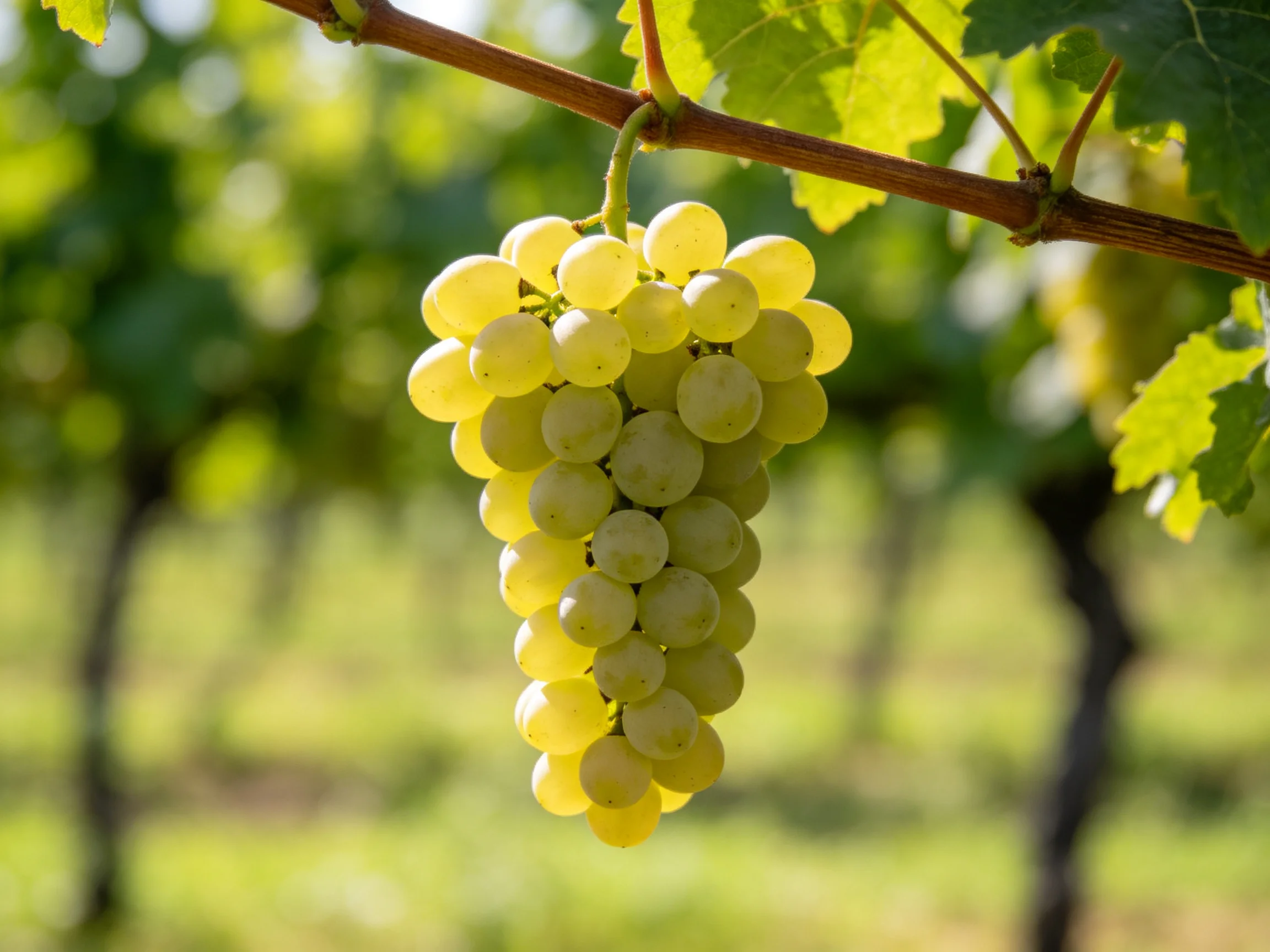 A cluster of pale yellow grapes hangs from a vine in a sunlit vineyard