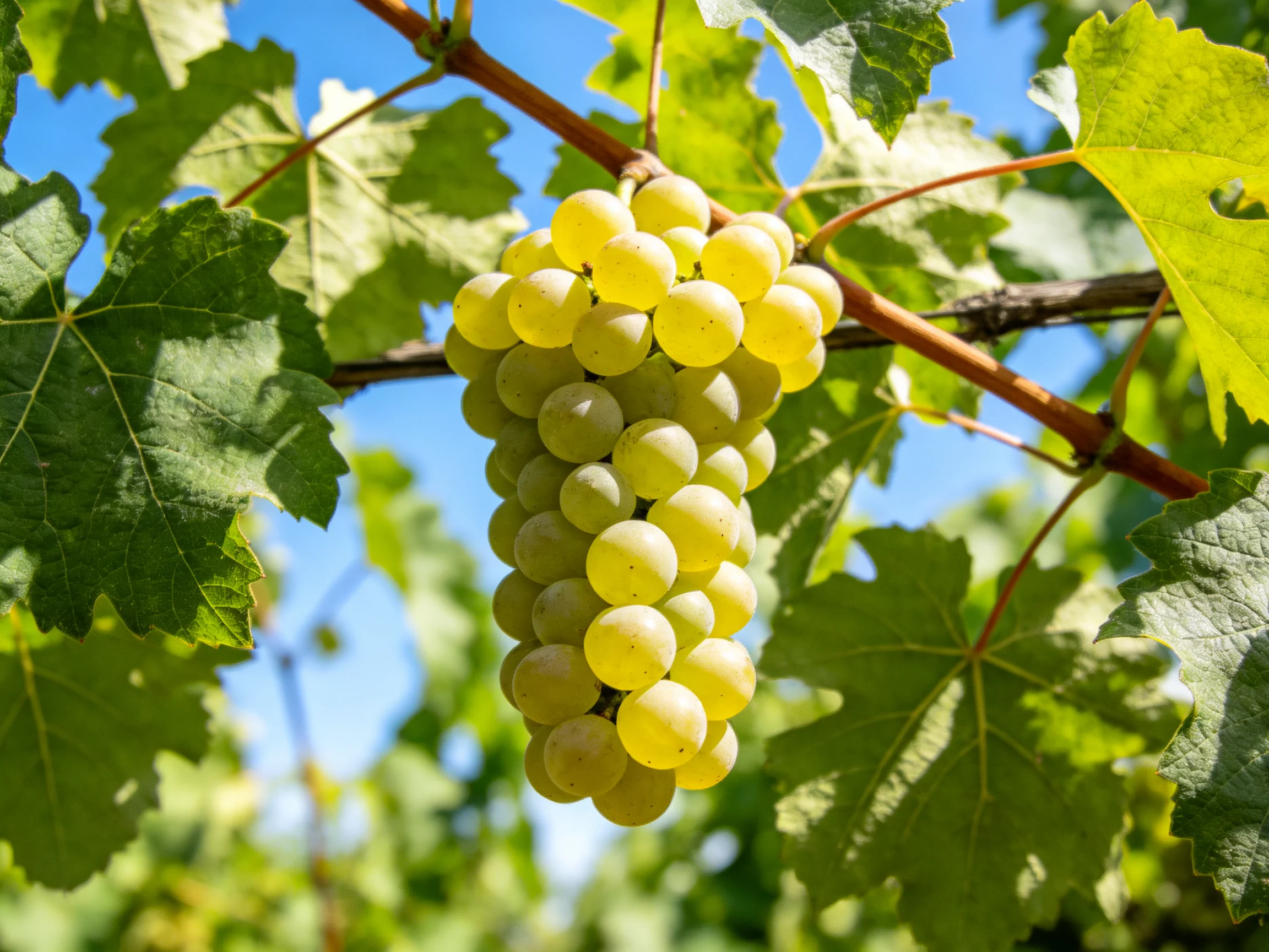 A cluster of pale yellow grapes hangs from a vine with lush green foliage