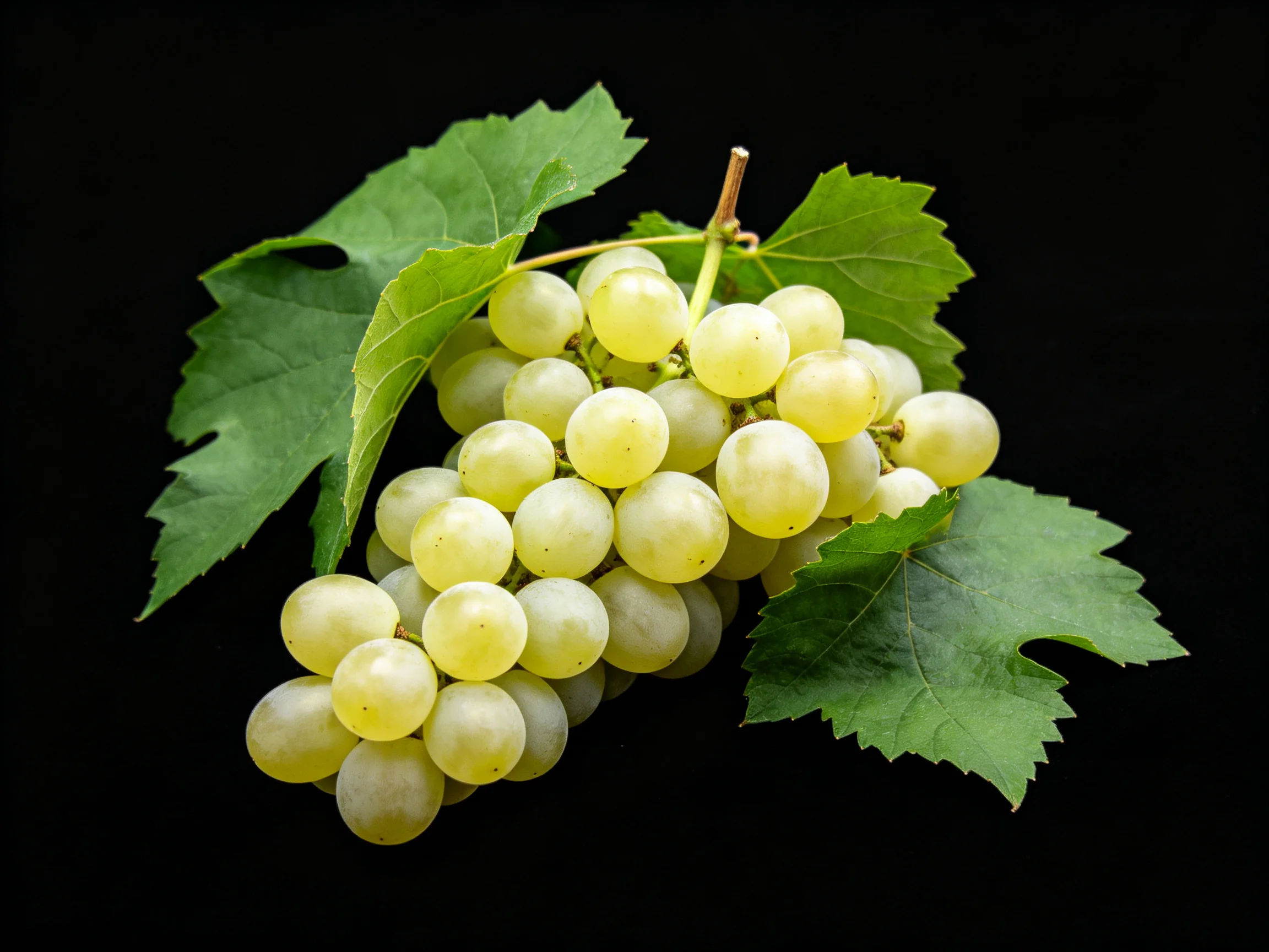 A cluster of pale yellow grapes with vibrant green leaves on a black background