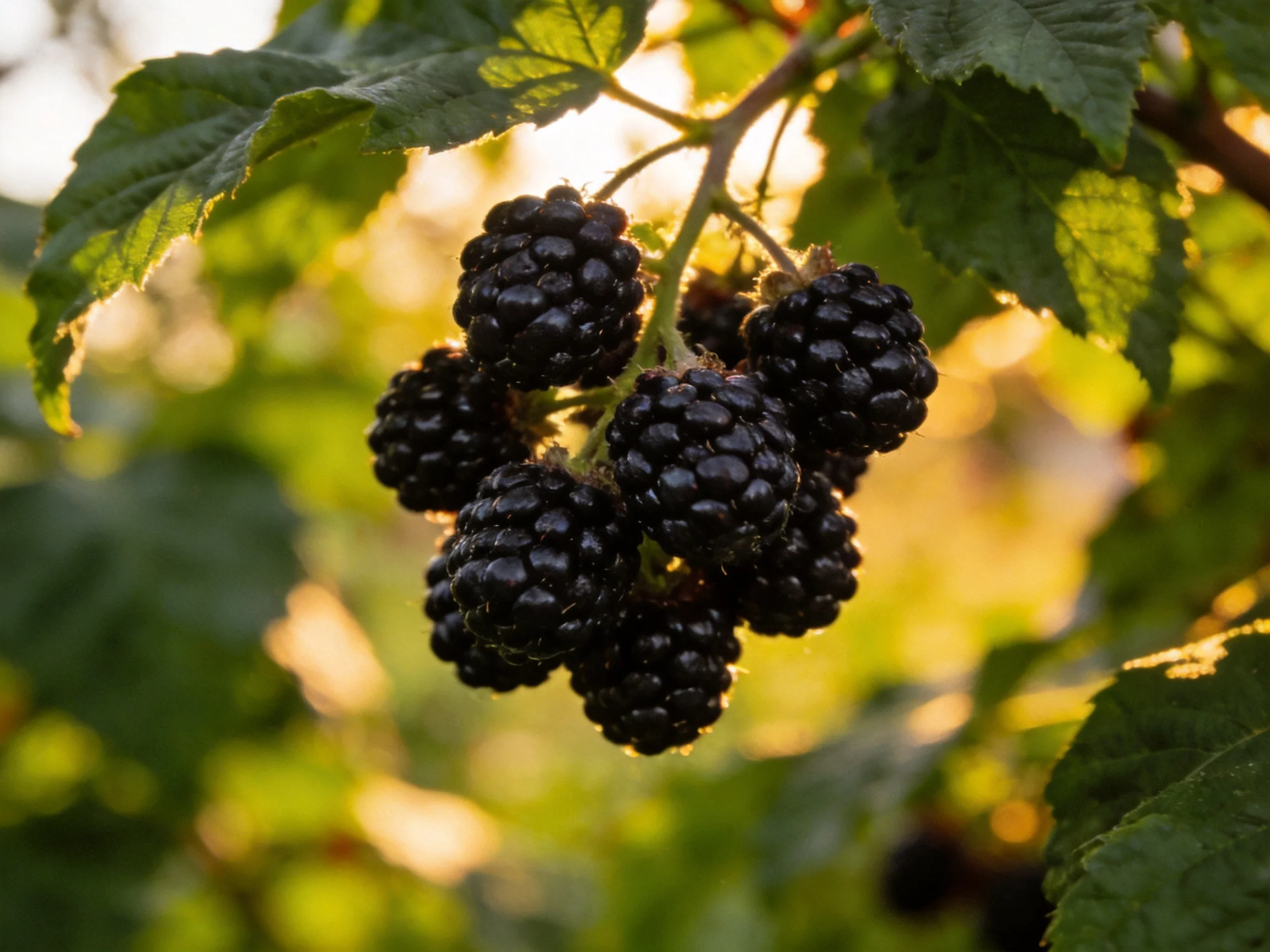 A cluster of plump blackberries hangs amid lush green foliage