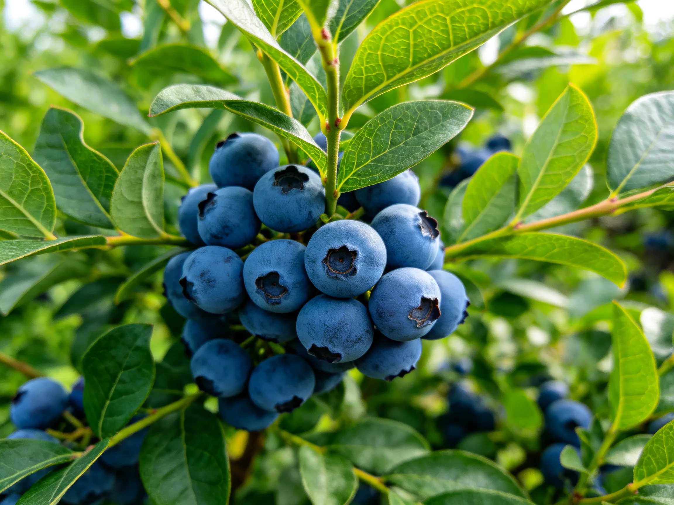 A cluster of plump blueberries amid lush green foliage