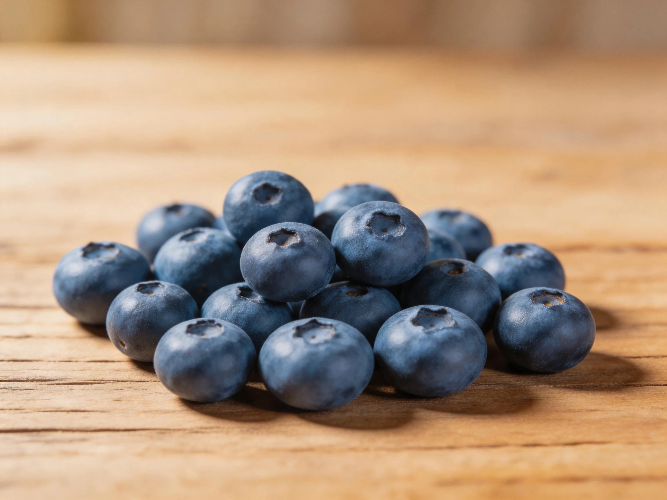 A cluster of plump blueberries arranged on a wooden surface