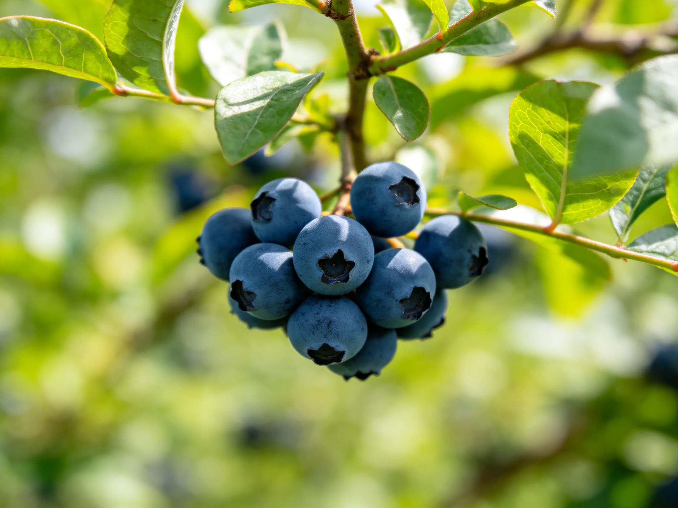 A cluster of plump blueberries grows among vibrant green leaves