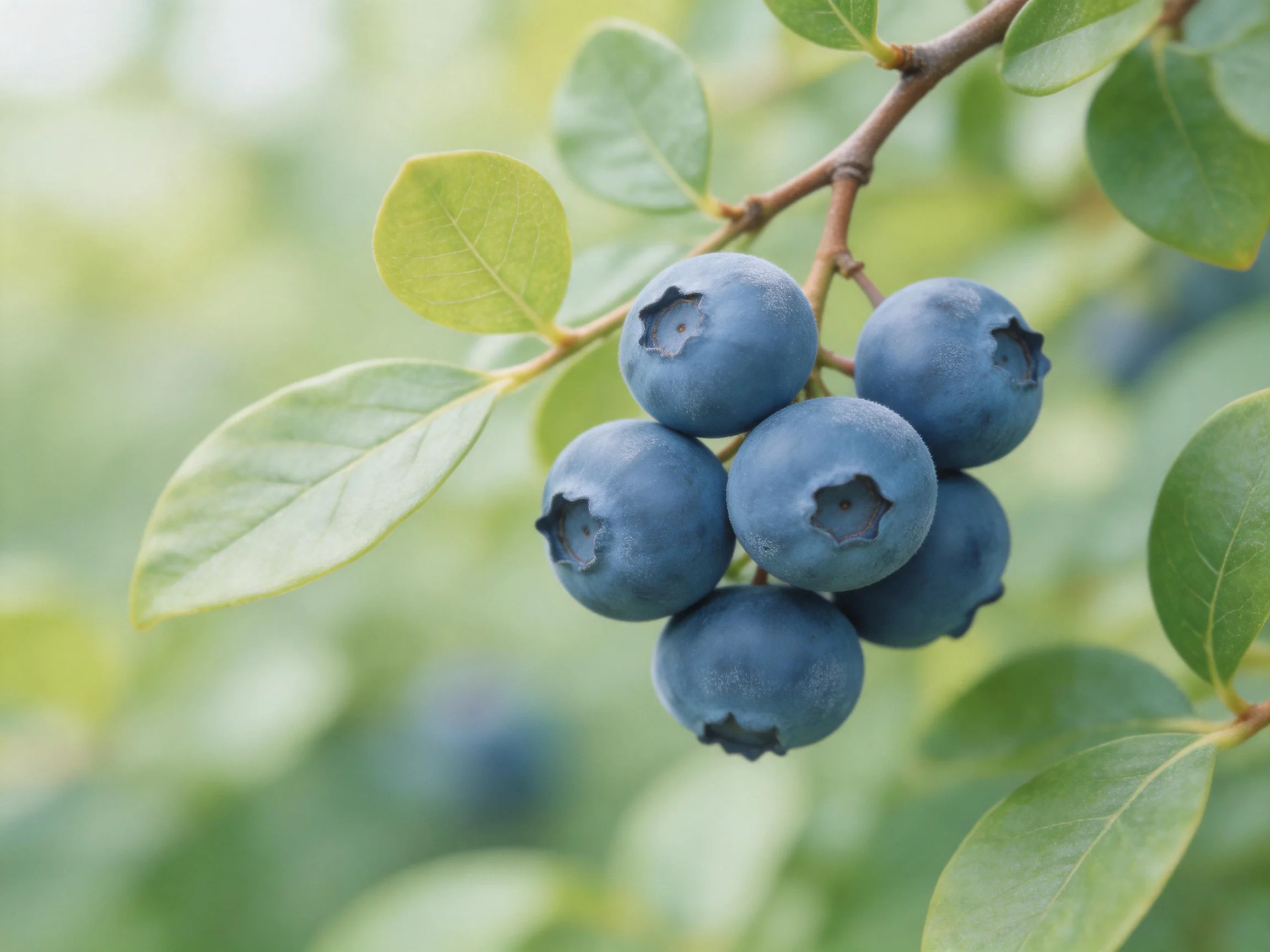 A cluster of plump blueberries hangs from a branch with lush green foliage