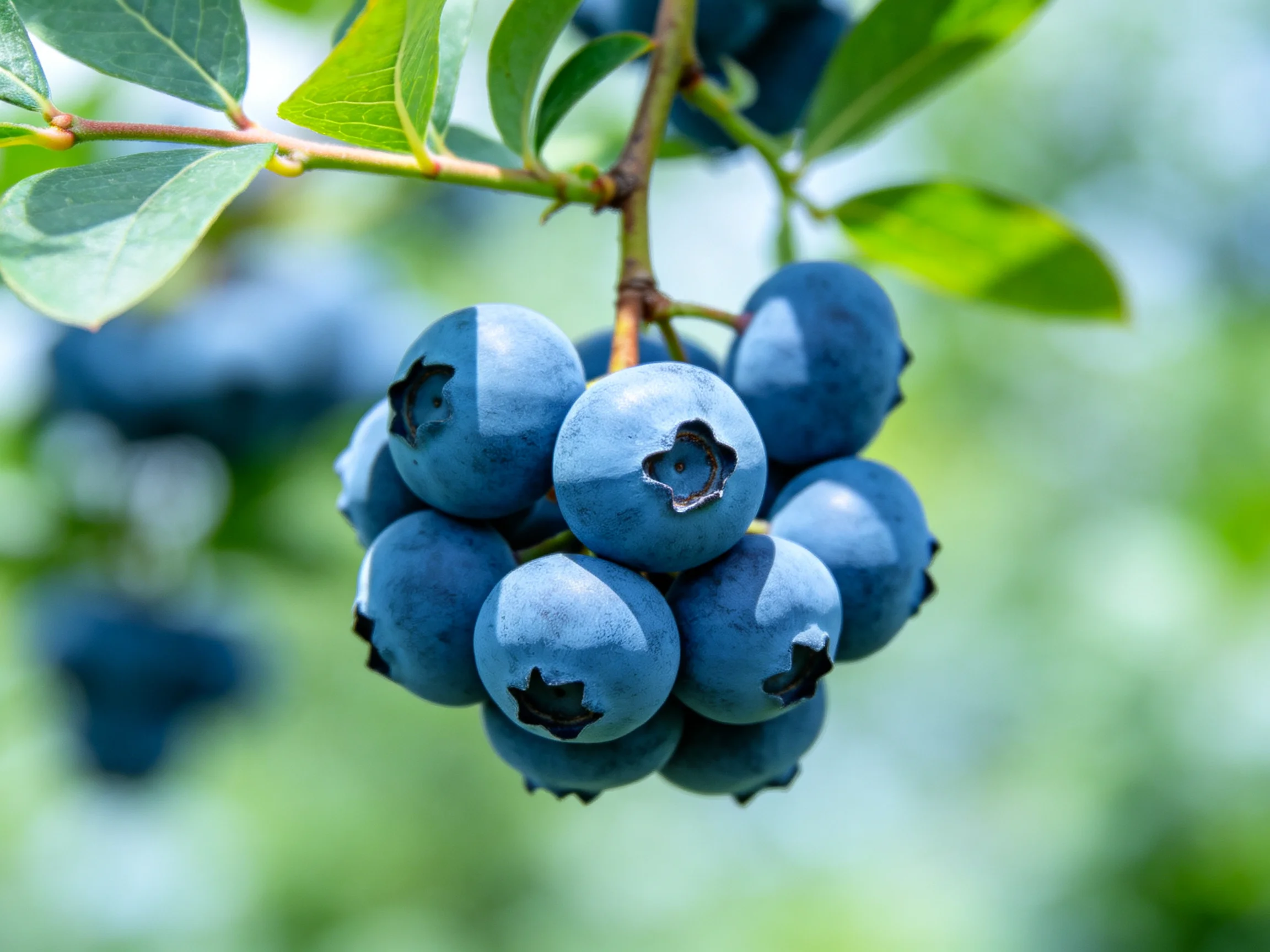 A cluster of plump blueberries hangs from a leafy branch