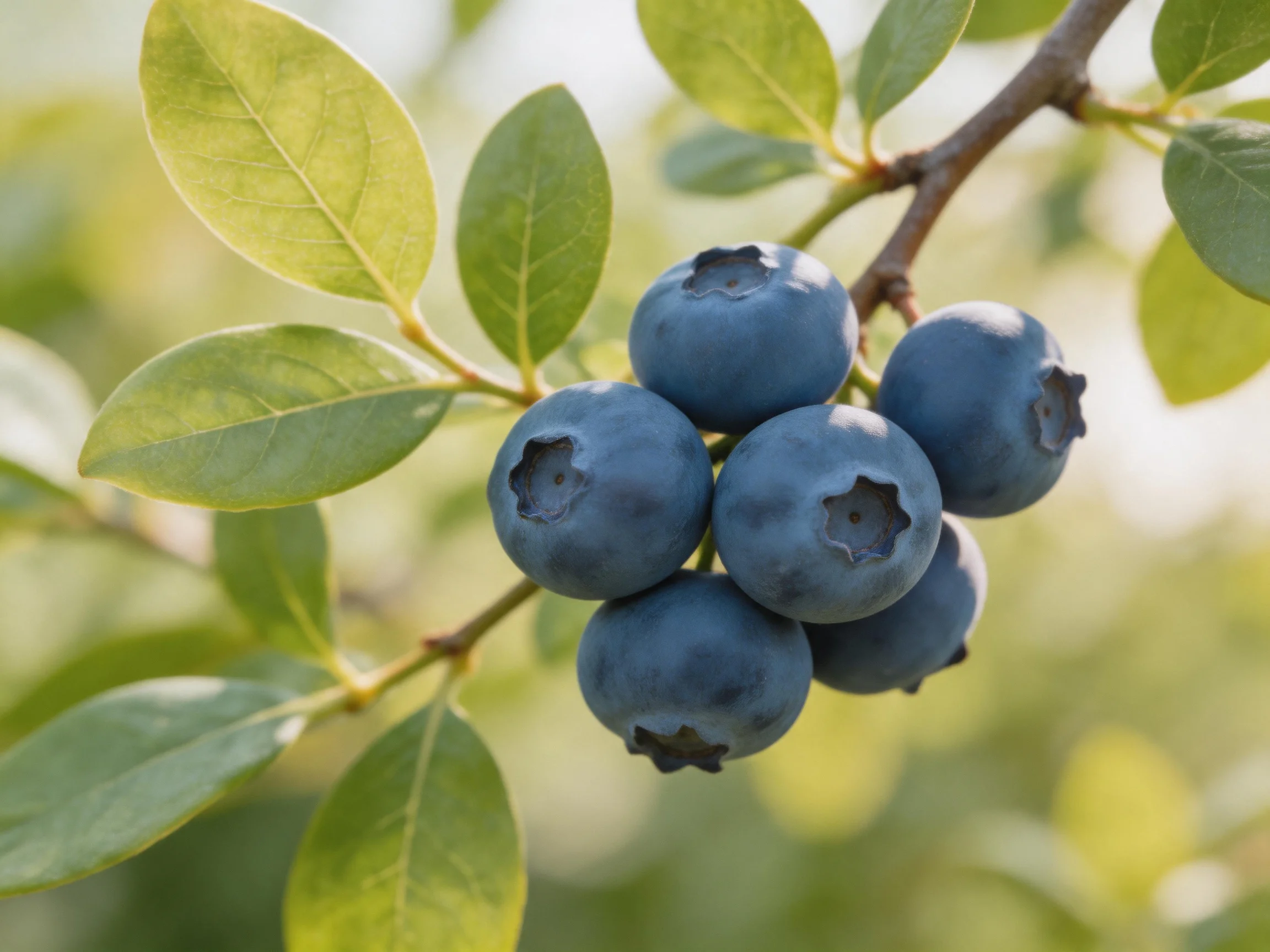 A cluster of plump blueberries hangs on a leafy branch with green foliage