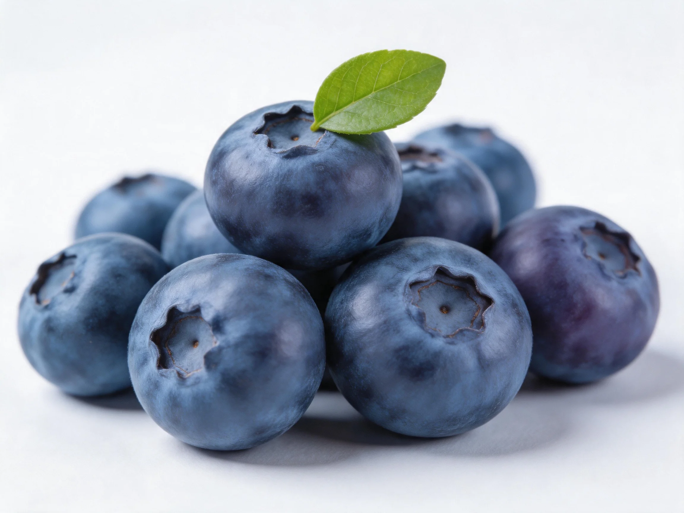 A cluster of plump blueberries with a single green leaf
