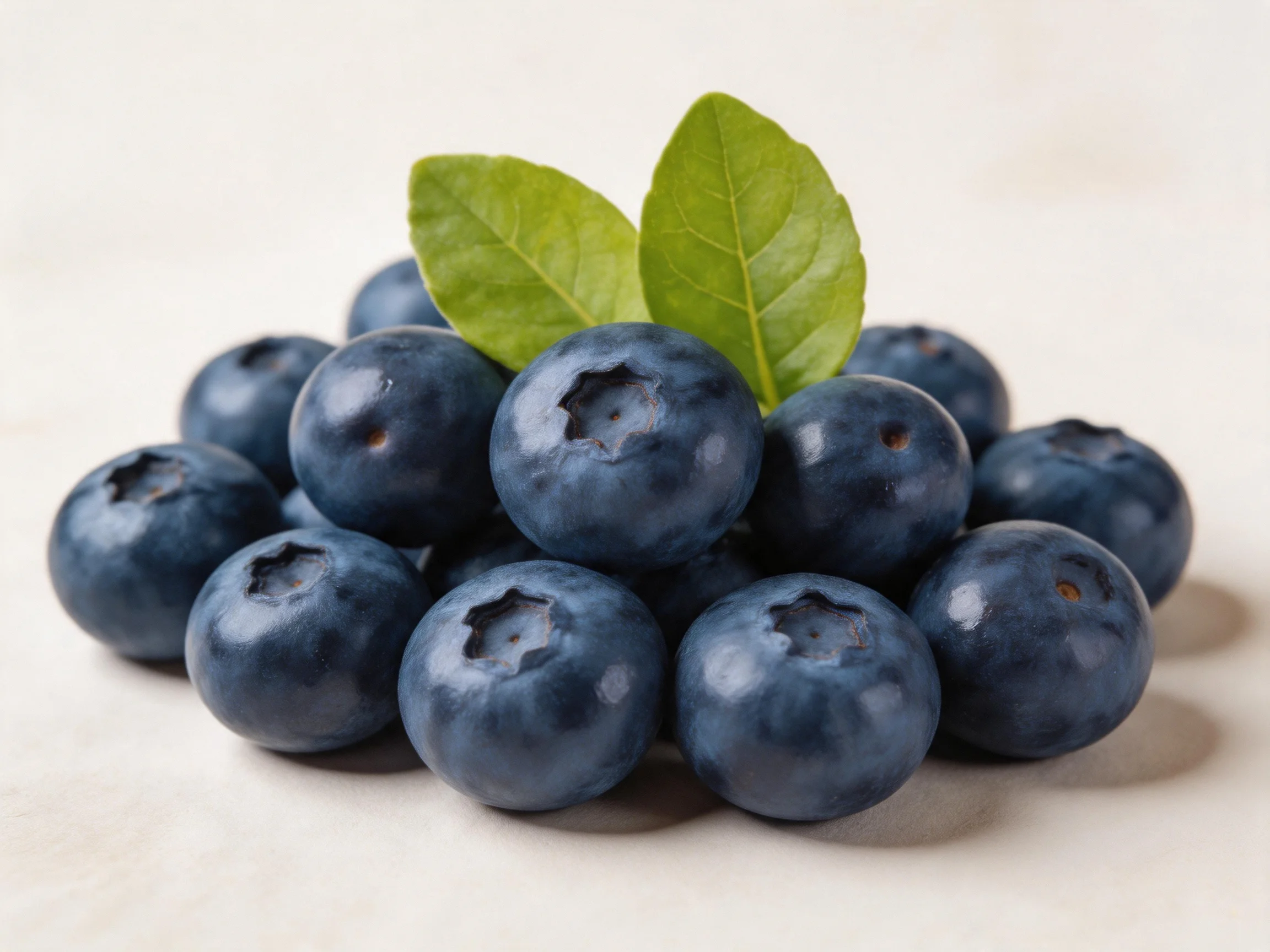 A cluster of plump blueberries with vibrant green leaves
