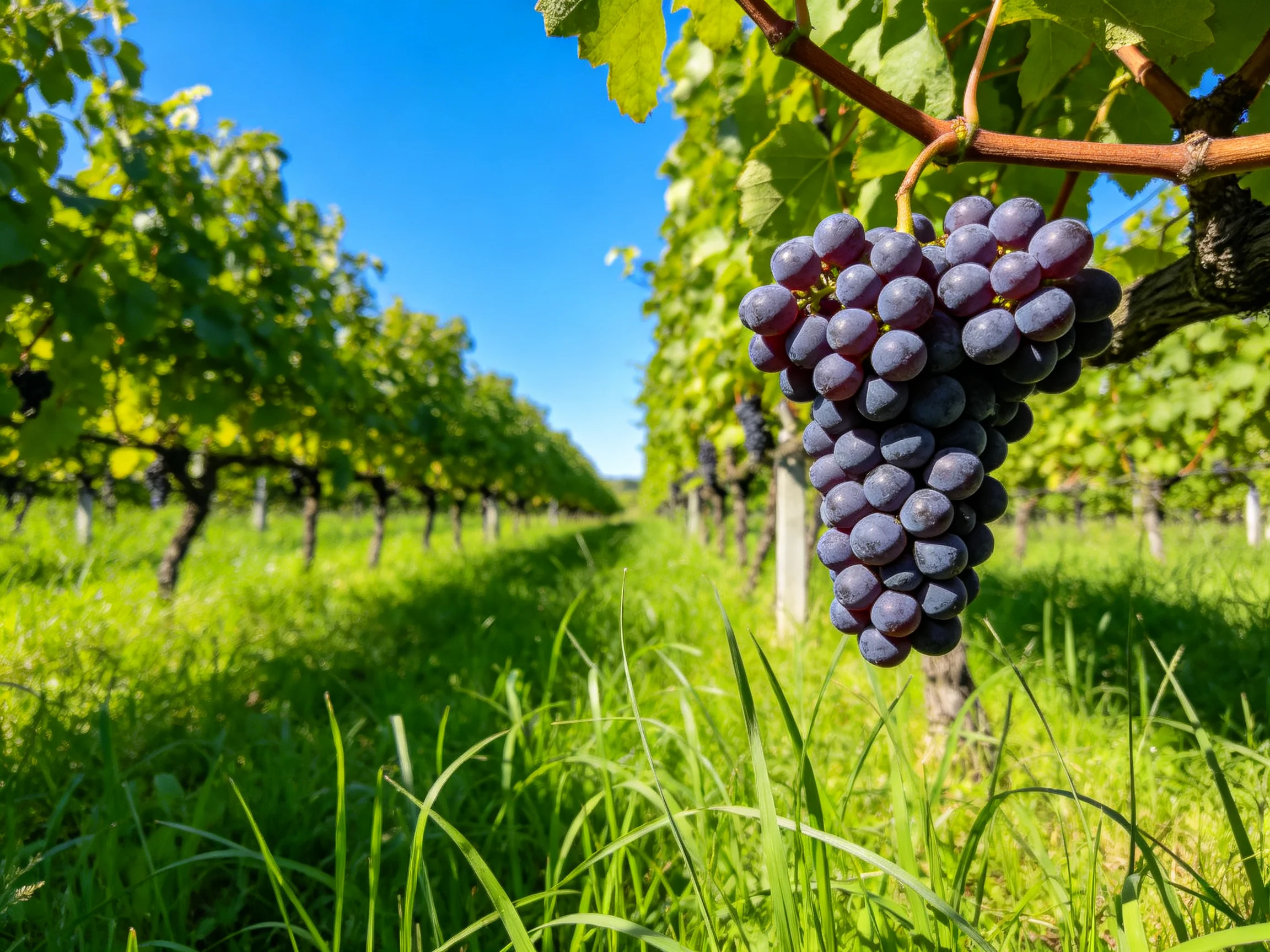 A cluster of plump, dark purple grapes hangs from a vine in a sunlit vineyard